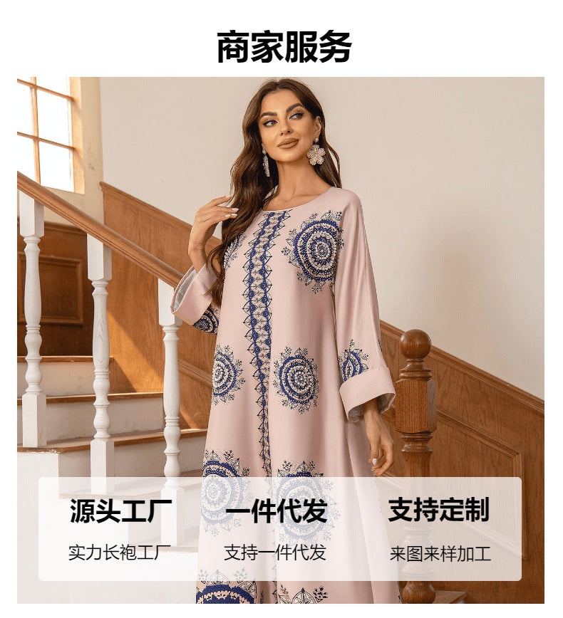Pink Bohemian Beaded Abaya - Printed Round Neck Modest Long Robe