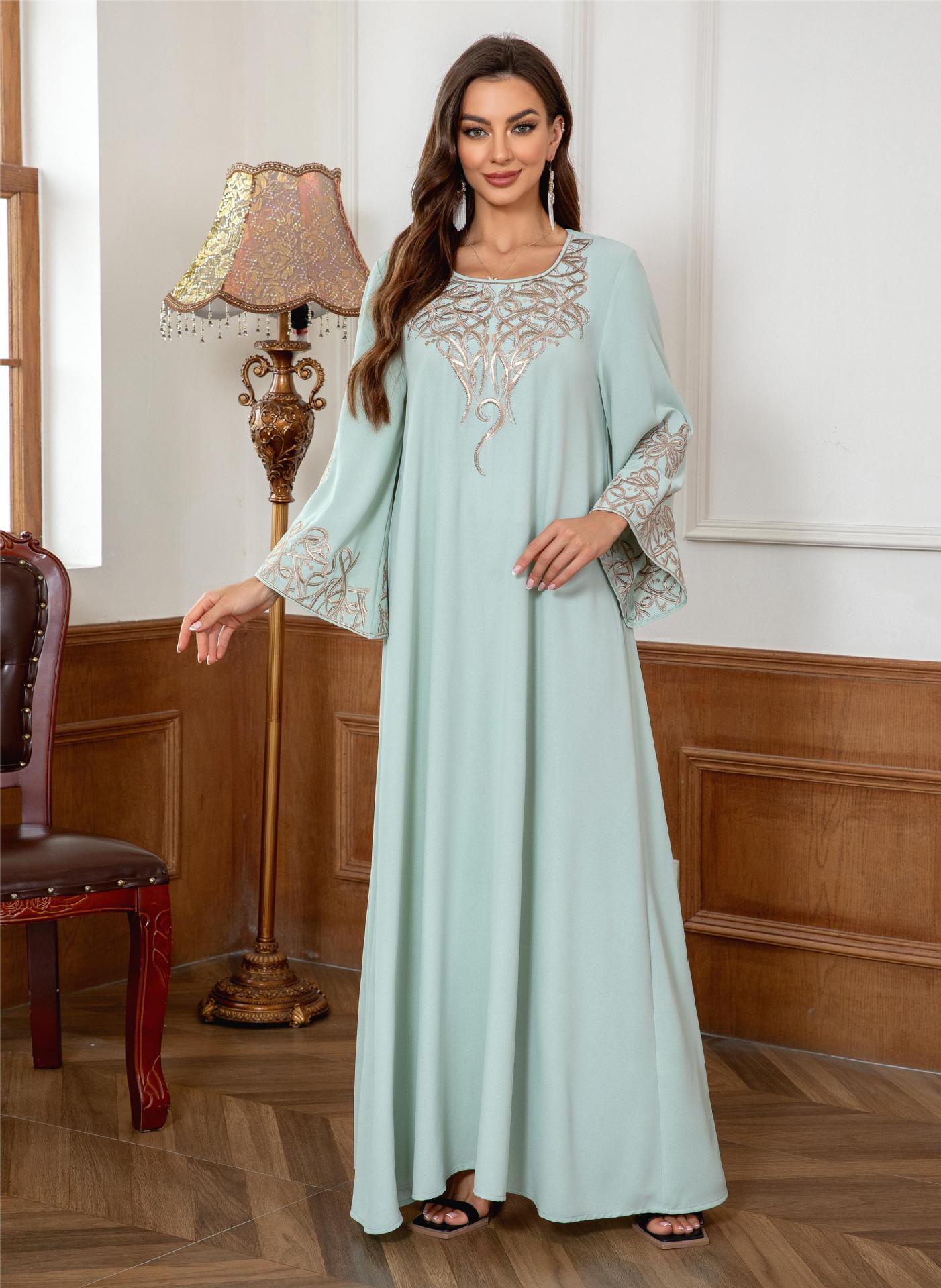 Women Light Mint Green Rhinestone Embroidered Round Neck Long Sleeve Abaya Loose Long Dubai Muslim Modest Kaftan Maxi Dress For Wedding Eid Ramadan