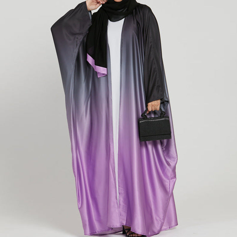 Khaki Light Purple and Light Green Tie-Dye Gradient Open Cardigan Maxi Dress - Free Size