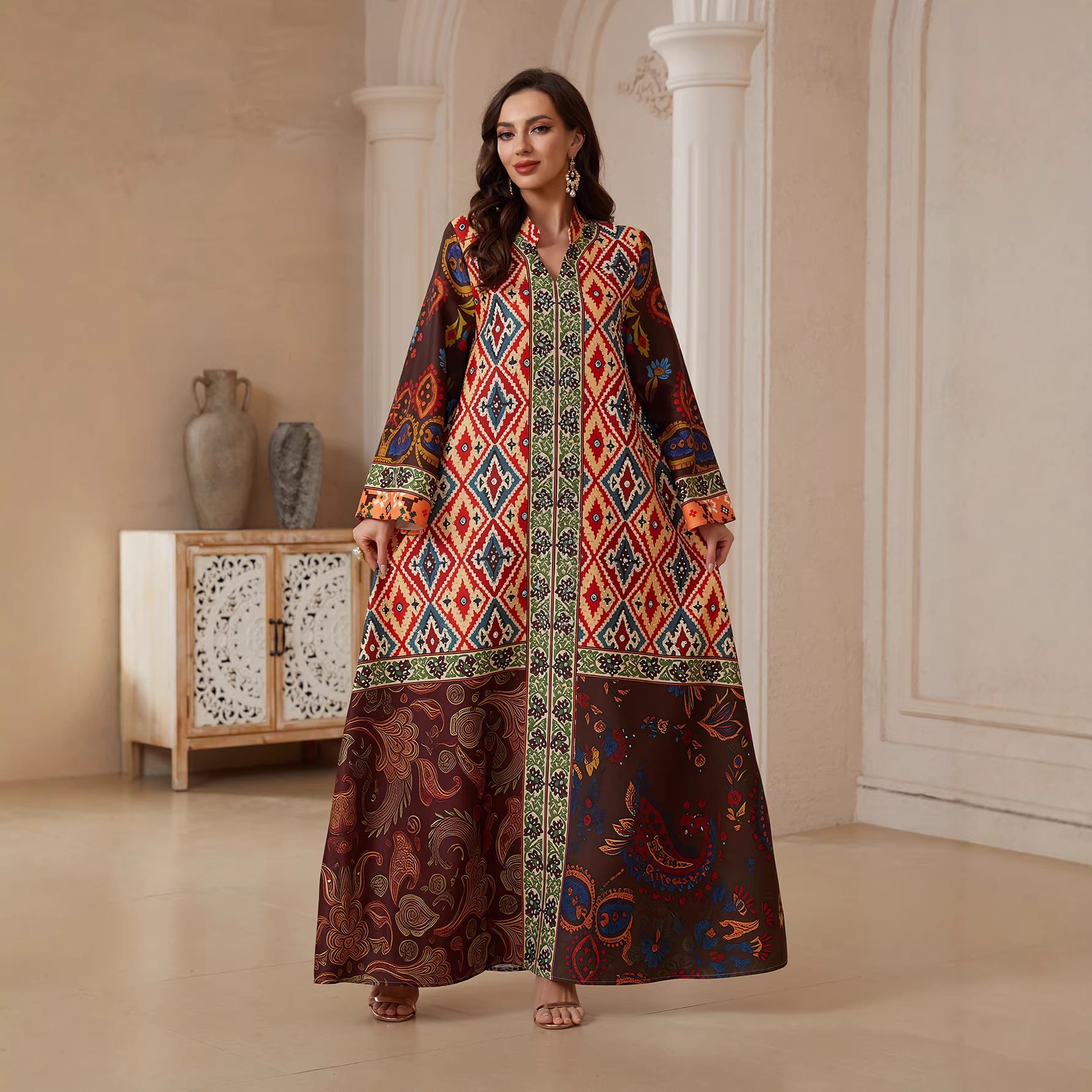 Floral Print Rhinestone Abaya Dress - Modest Muslim Ramadan Eid