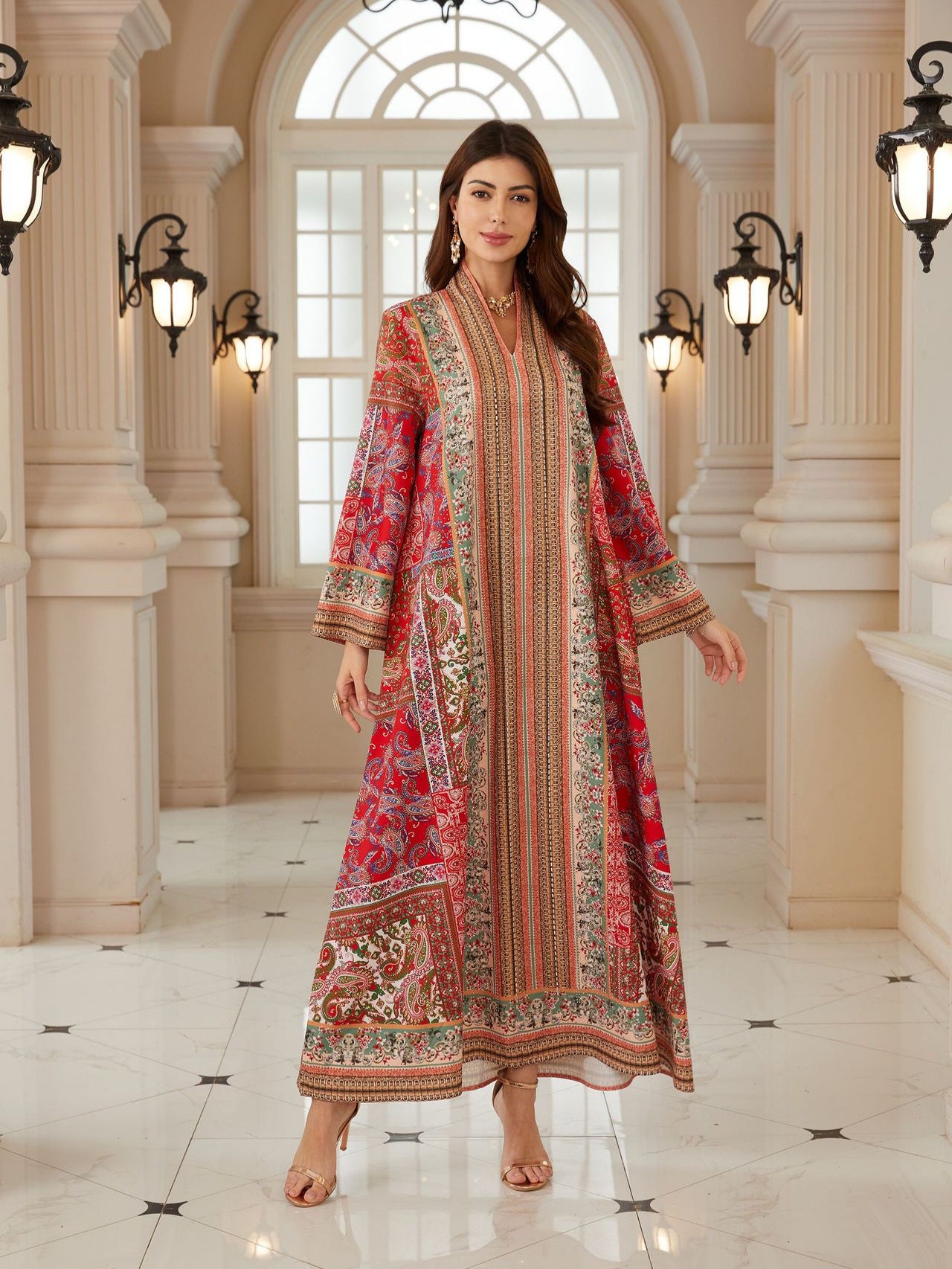 Graceful Red Boho Abaya – Printed Muslim Maxi Dress for Eid