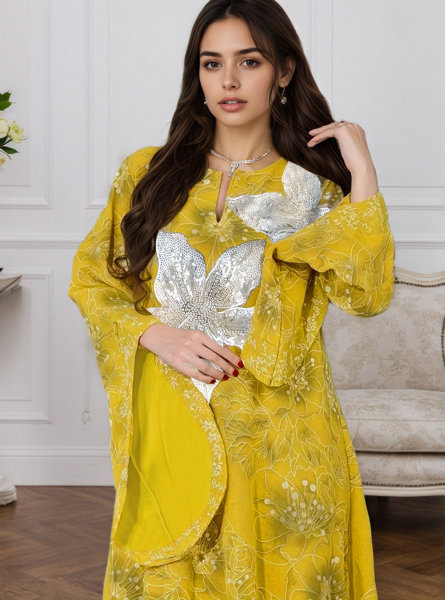 Yellow Pink Heavy Rhinestone Floral Embroidered Gown Batwing Sleeve Jalabiya Modest Long Maxi Dress for Muslim Women Eid Ramadan