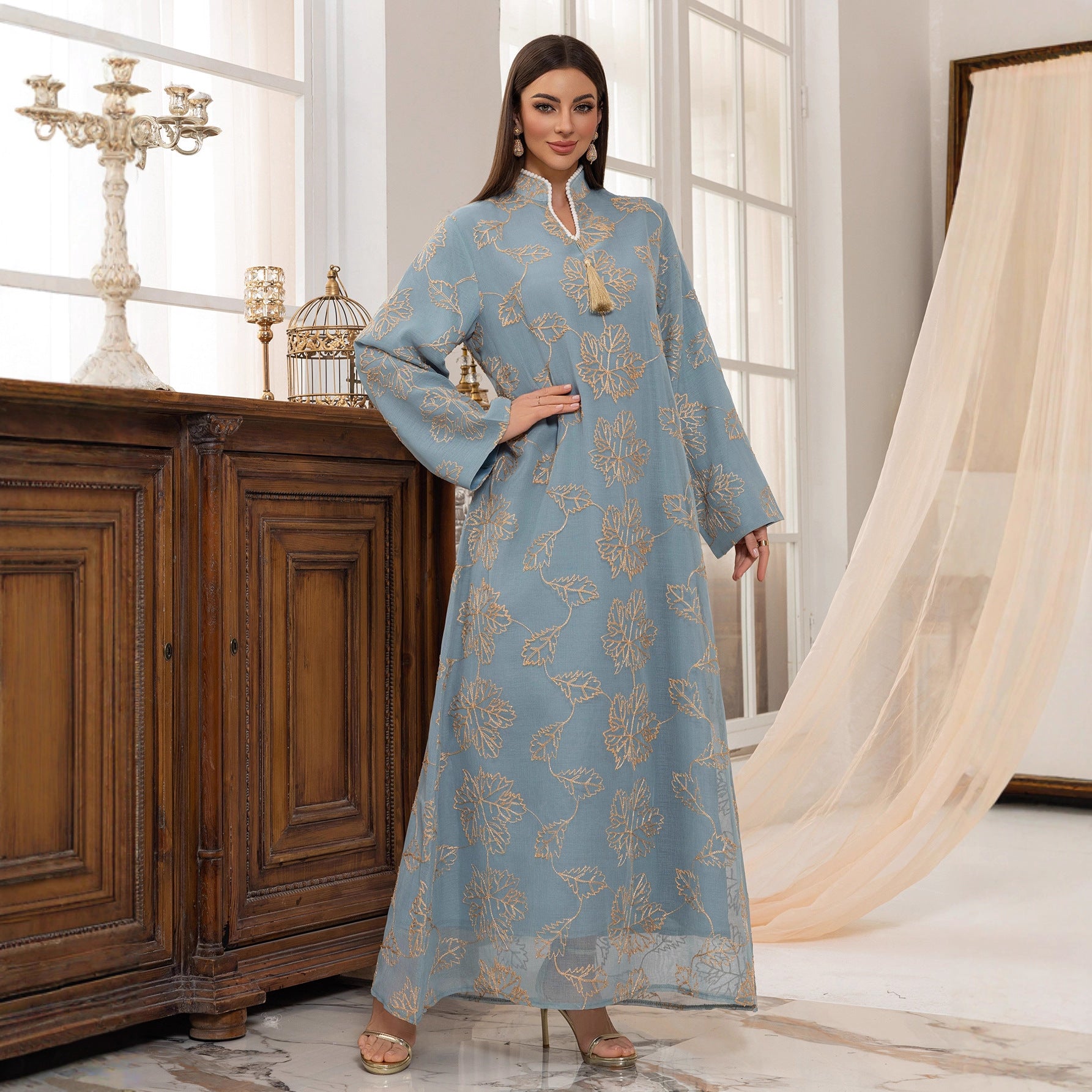 Fringed Leaf Embroidered Mesh Kaftan Dress Jalabiya Modest Long Maxi Dress for Muslim Women Eid Ramadan Daily Wear S-XXL