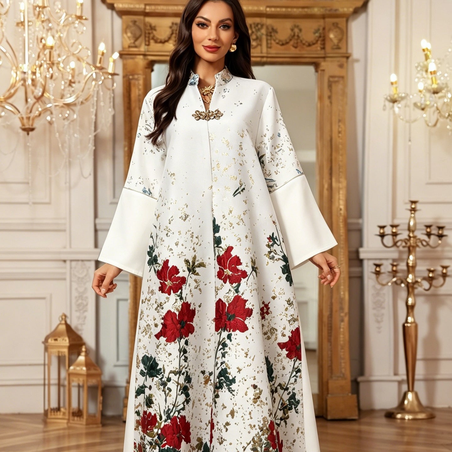 2026 Reels Opulent Floral Statement Kaftan Cream Base Gold Dust Foil Peony Print Stand Mandarin Collar Metal Clasp Fastener Split Bell Long Sleeve Floor-Sweeping Loose Drape Cut Exclusive Khaleeji Atelier Fit For Gulf Ladies Walima Wedding & Iftar Ba