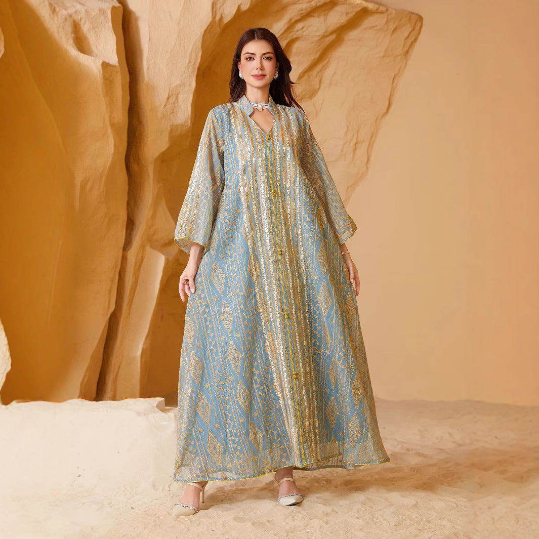Gold Silver Geometric Line Print Organza Abaya For Women Notch Collar Three Quarter Sleeve Dubai Luxury Loose Muslim Kaftan Modest Maxi Dress For Eid Ramadan Wedding Evening Party 2 Colors