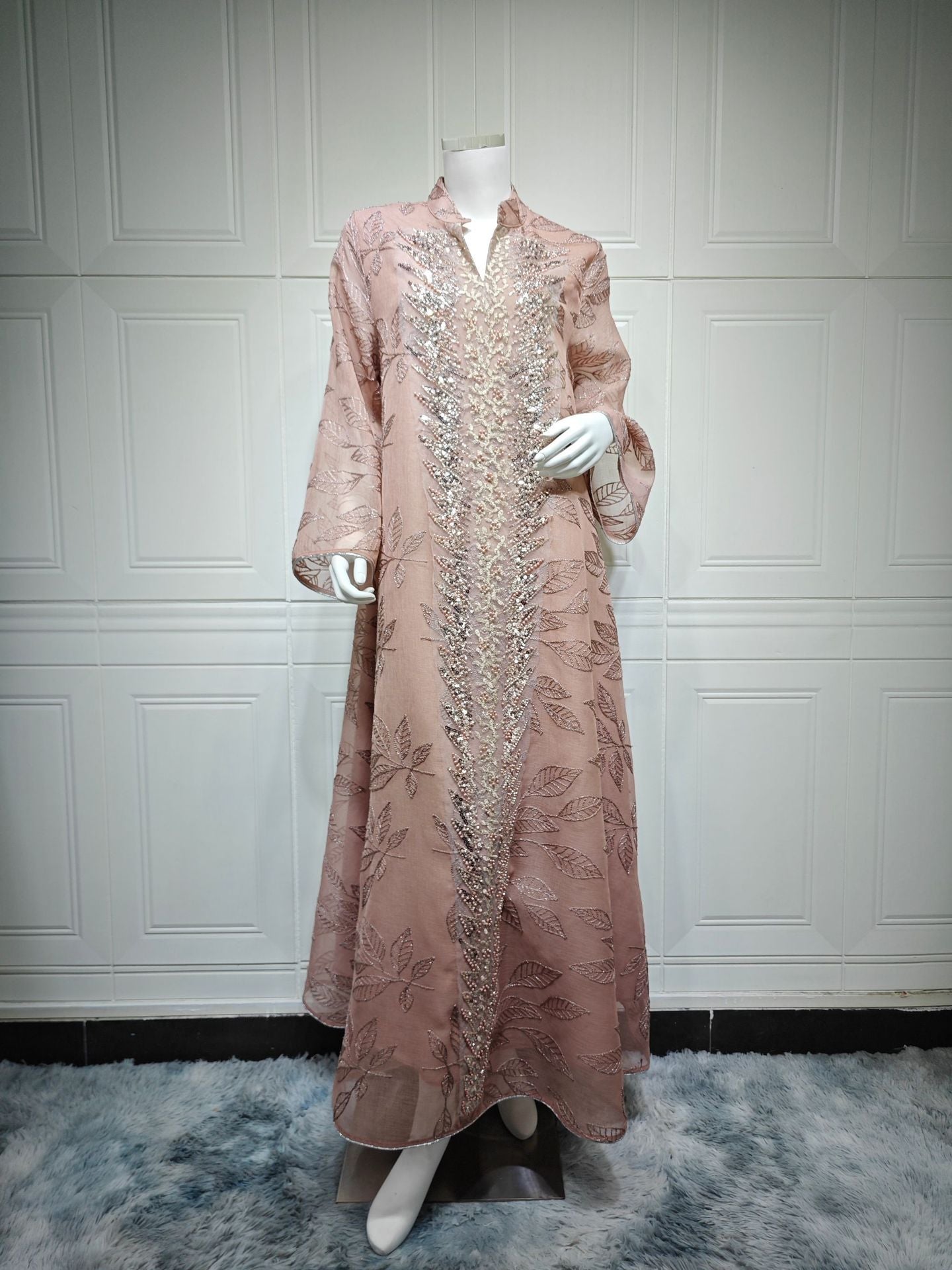 3 Colors Leaf Jacquard Hand Beaded Abaya Women Stand Collar V Notch Flare Sleeve Maxi Jalabiya Luxury Embellished Kaftan Lightweight Modest Gown For Eid Mubarak Ramadan Wedding Evening Party