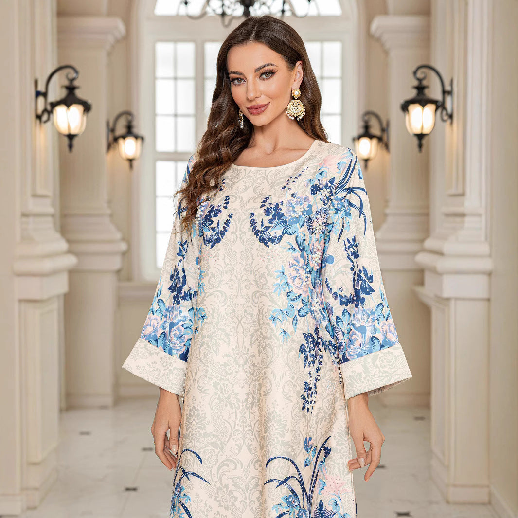 Pink Printed Long Abaya Dress - Fashion Modest Maxi Robe