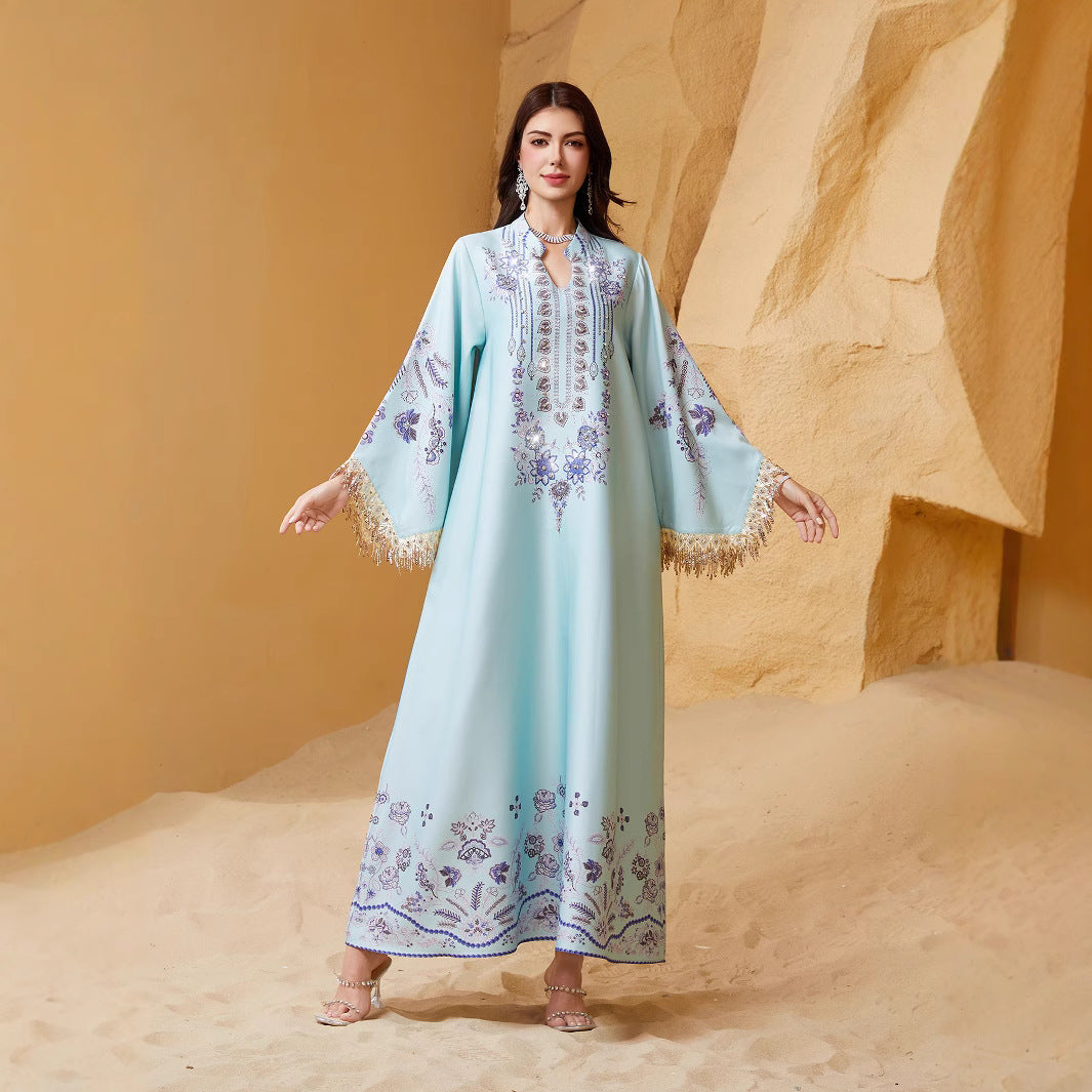 Serene Sky Blue Tassel Embroidered Maxi Abaya Modest Eid Ramadan