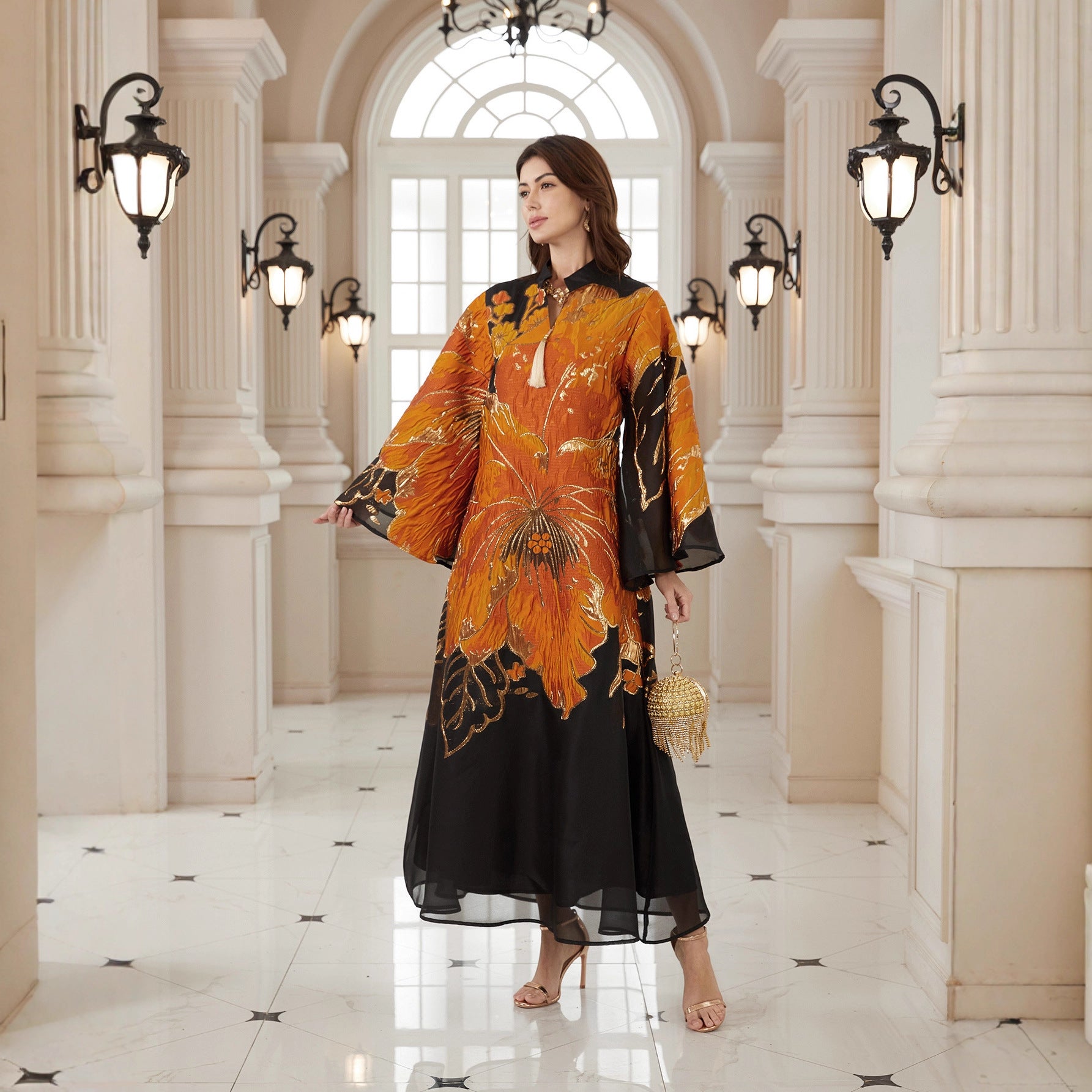 New Arrival Cross-Border Elegant Ready-to-Wear Muslim Abaya Dress with Creative Floral Art Patterns