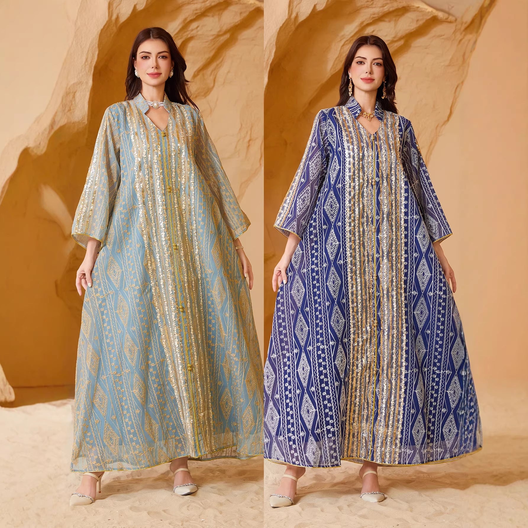 Gold Silver Geometric Line Print Organza Abaya For Women Notch Collar Three Quarter Sleeve Dubai Luxury Loose Muslim Kaftan Modest Maxi Dress For Eid Ramadan Wedding Evening Party 2 Colors