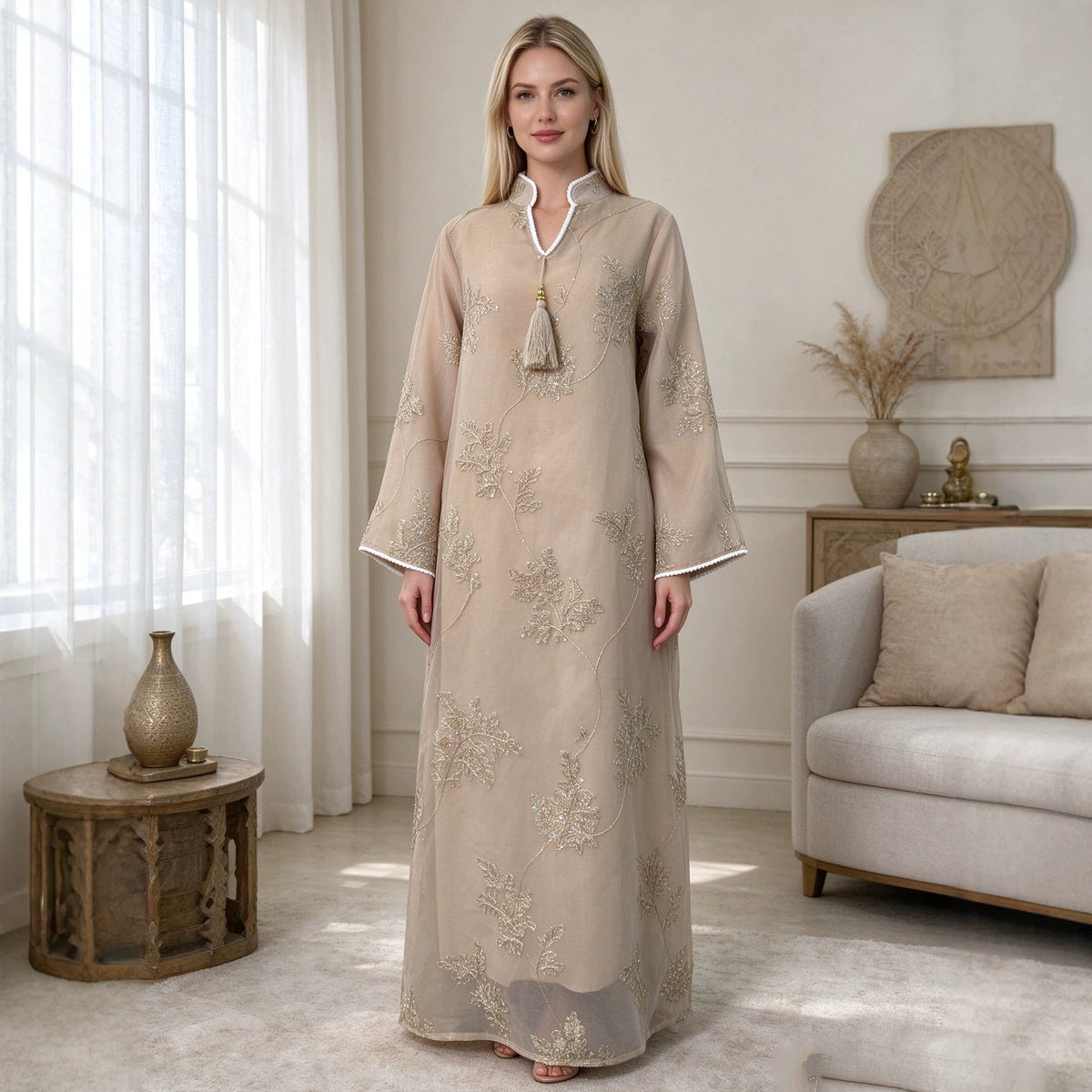 Graceful Mandarin Collar Mesh Embroidered Kaftan Dress with Tassel Detail Modest Maxi Gown for Muslim Women Banquet - 309