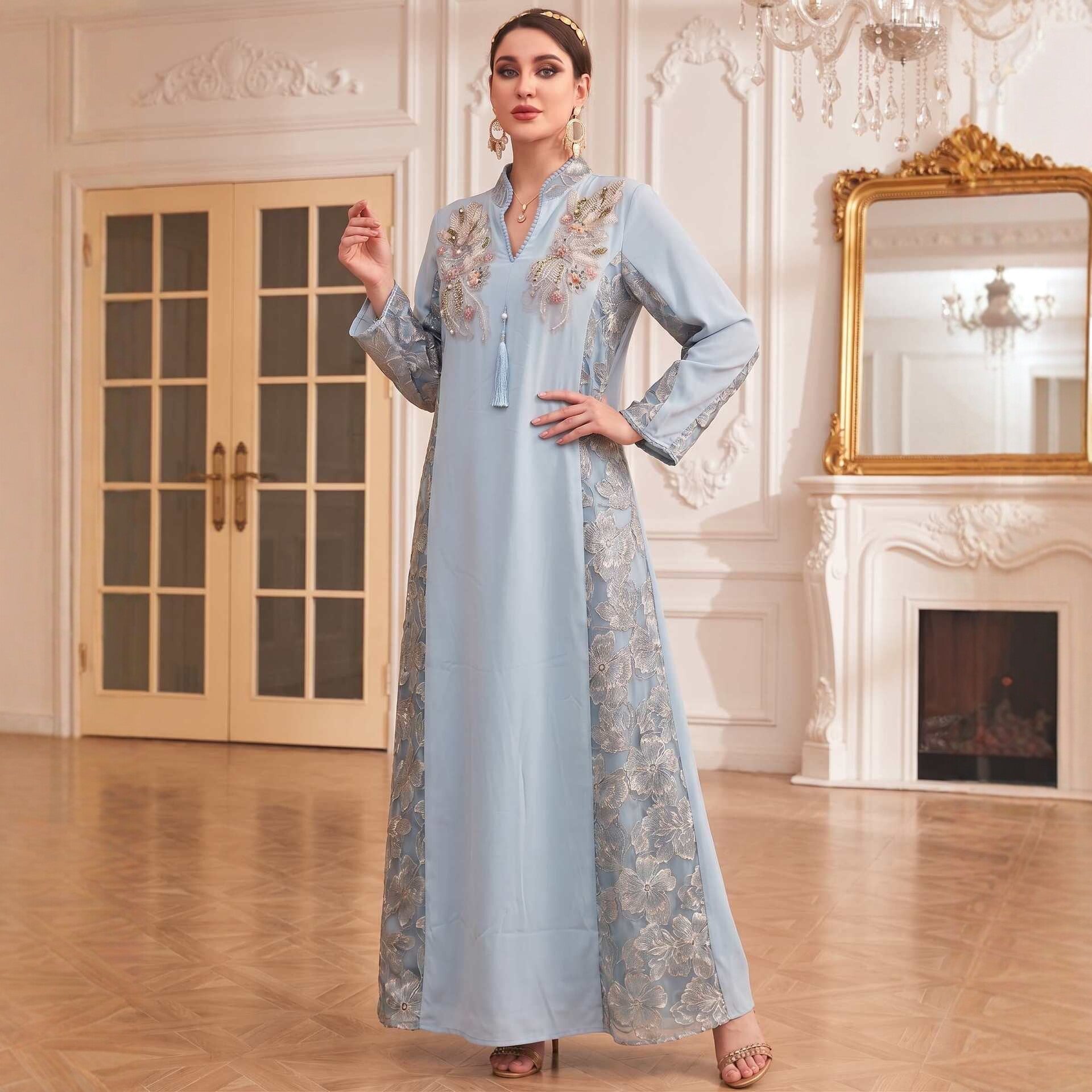 Ivory Pink Light Blue V-Neck Beaded Embroidered Evening Maxi Abaya