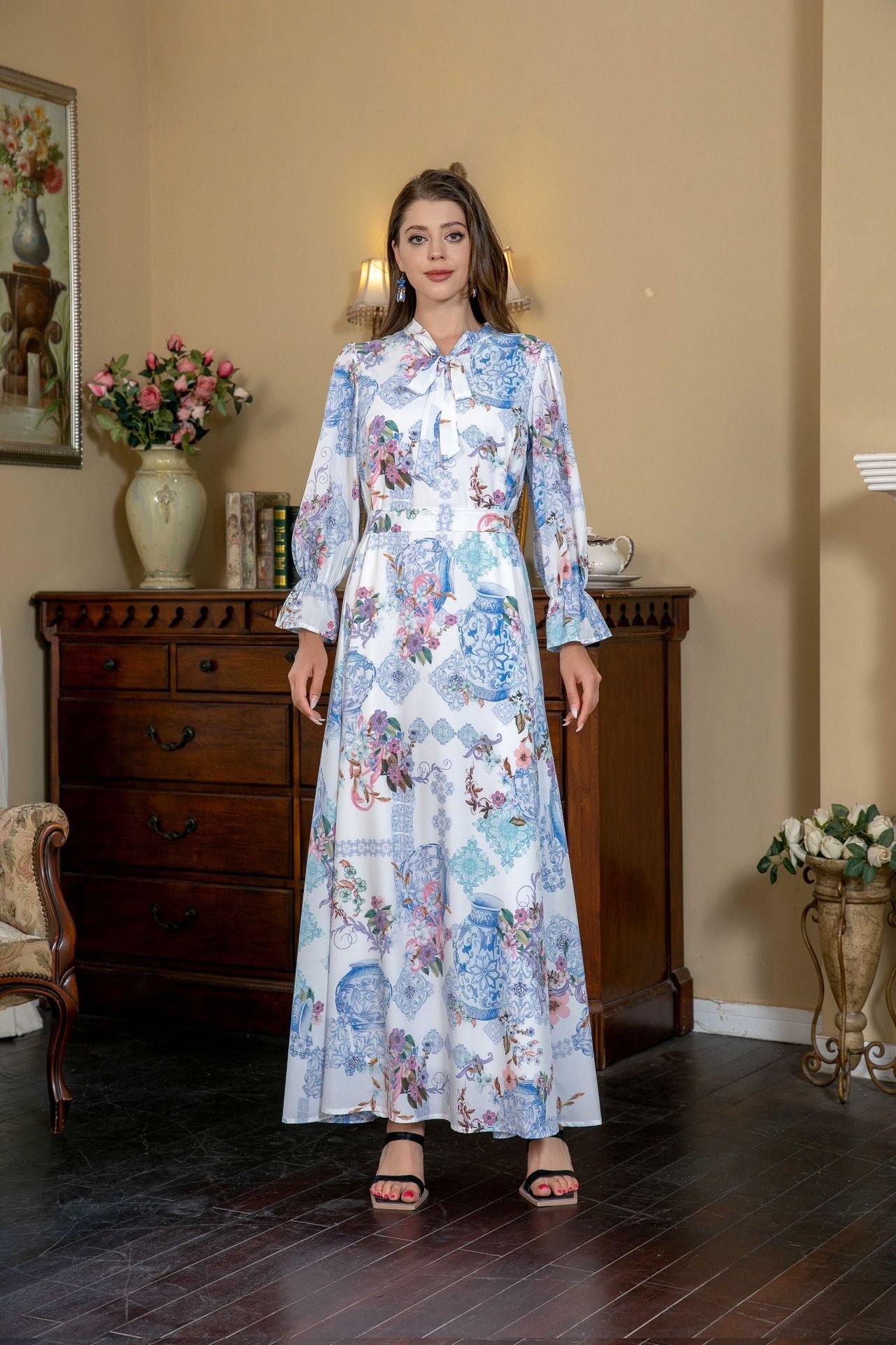 Sky Blue Slim Fit Abaya - Printed Modest Long Dress for Women