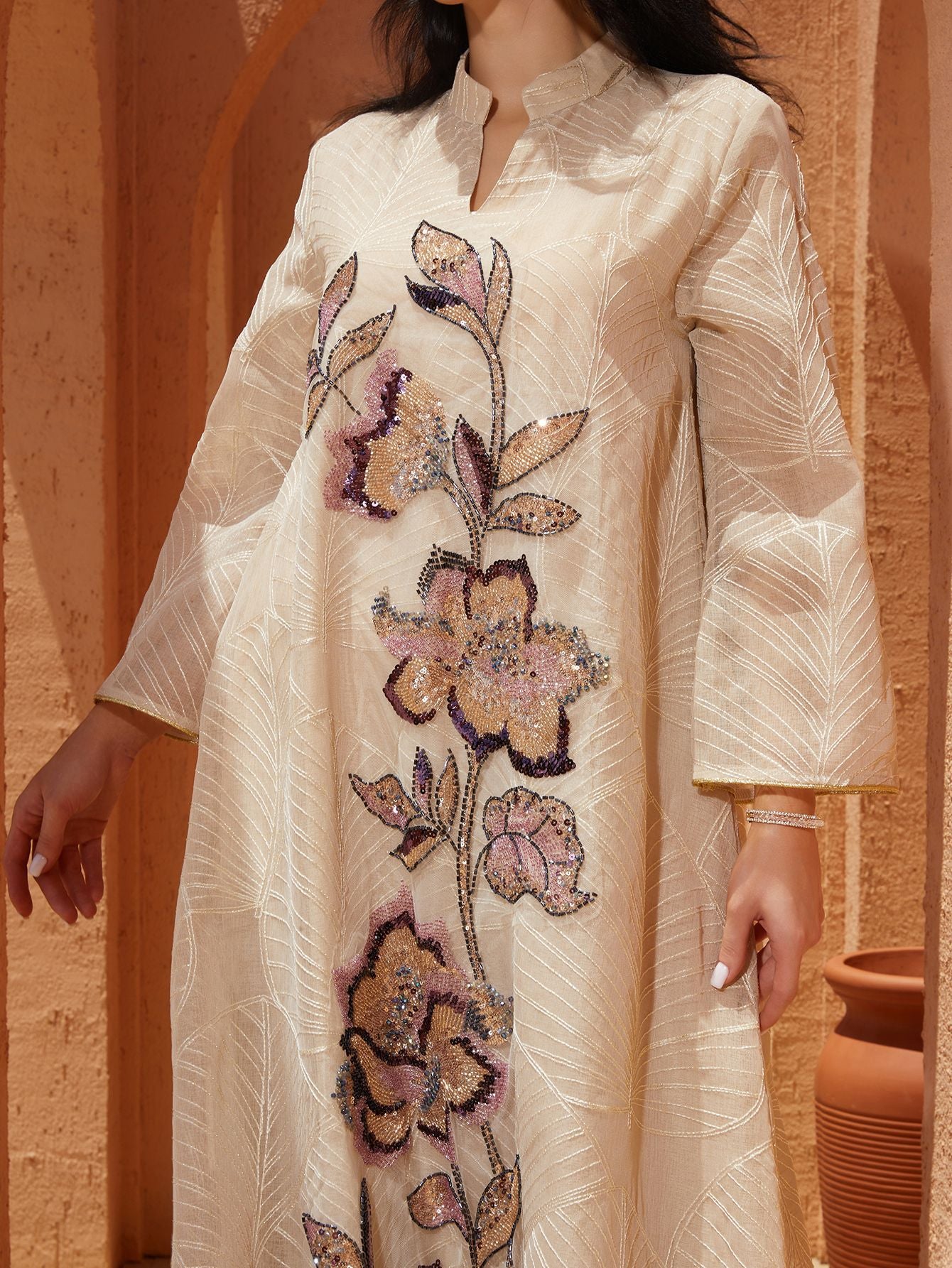New Style Mesh Embroidered Dress, Ethnic Costume with Heavy Appliqué, Abaya Robe
