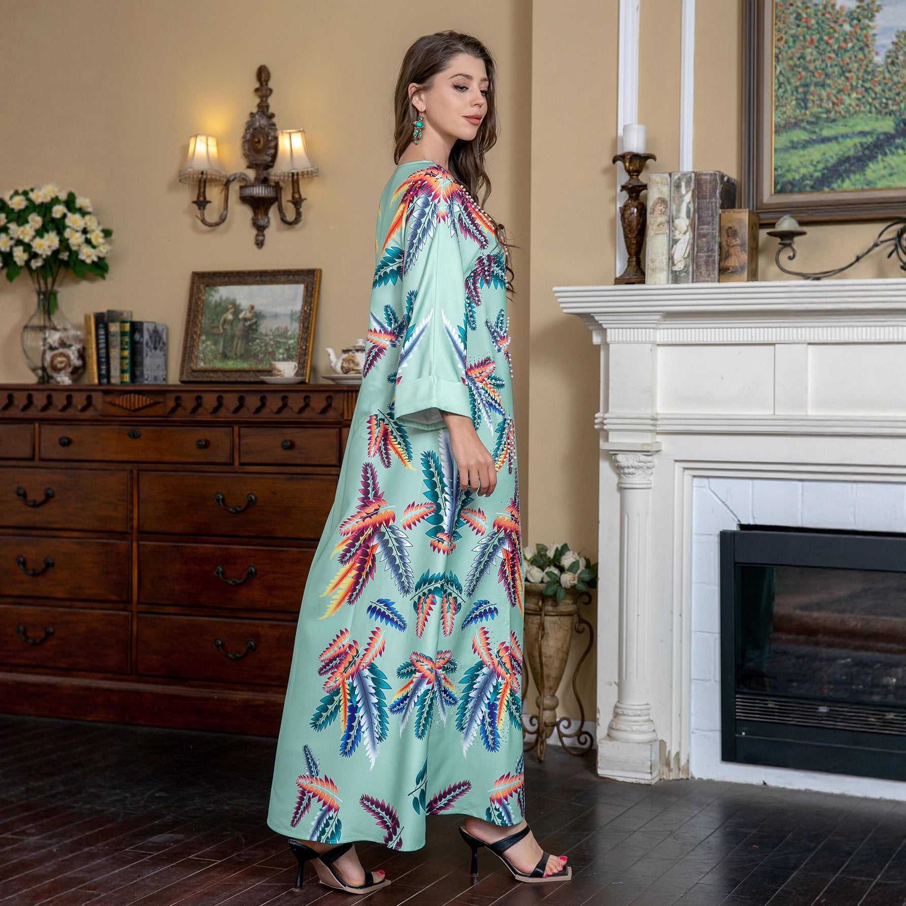 Light Green Ethnic Print Beaded Abaya Gown - Modest Dress