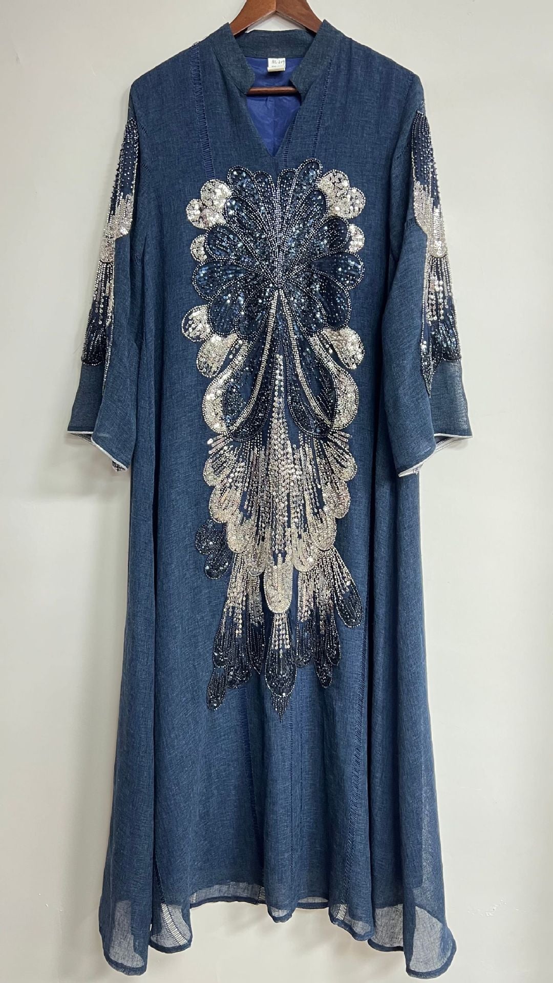 Peacock Feather Sequin Beaded Linen Abaya For Women Stand Split Collar Long Sleeve Dubai Luxury Muslim Kaftan Modest Maxi Dress For Eid Ramadan Wedding Party 3 Colors