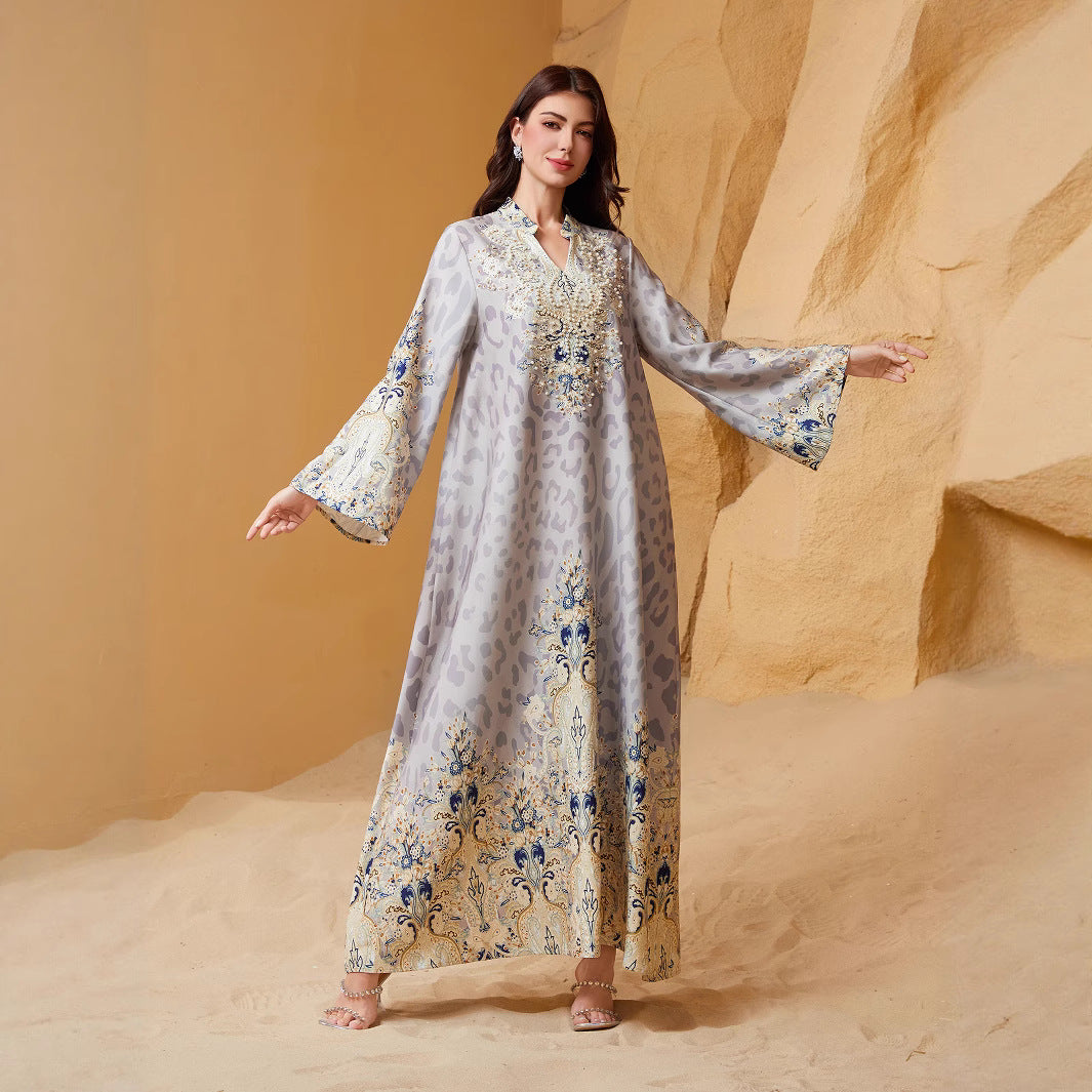 Bold Yellow Grey Leopard Rhinestone Kaftan Abaya Maxi Eid Ramadan