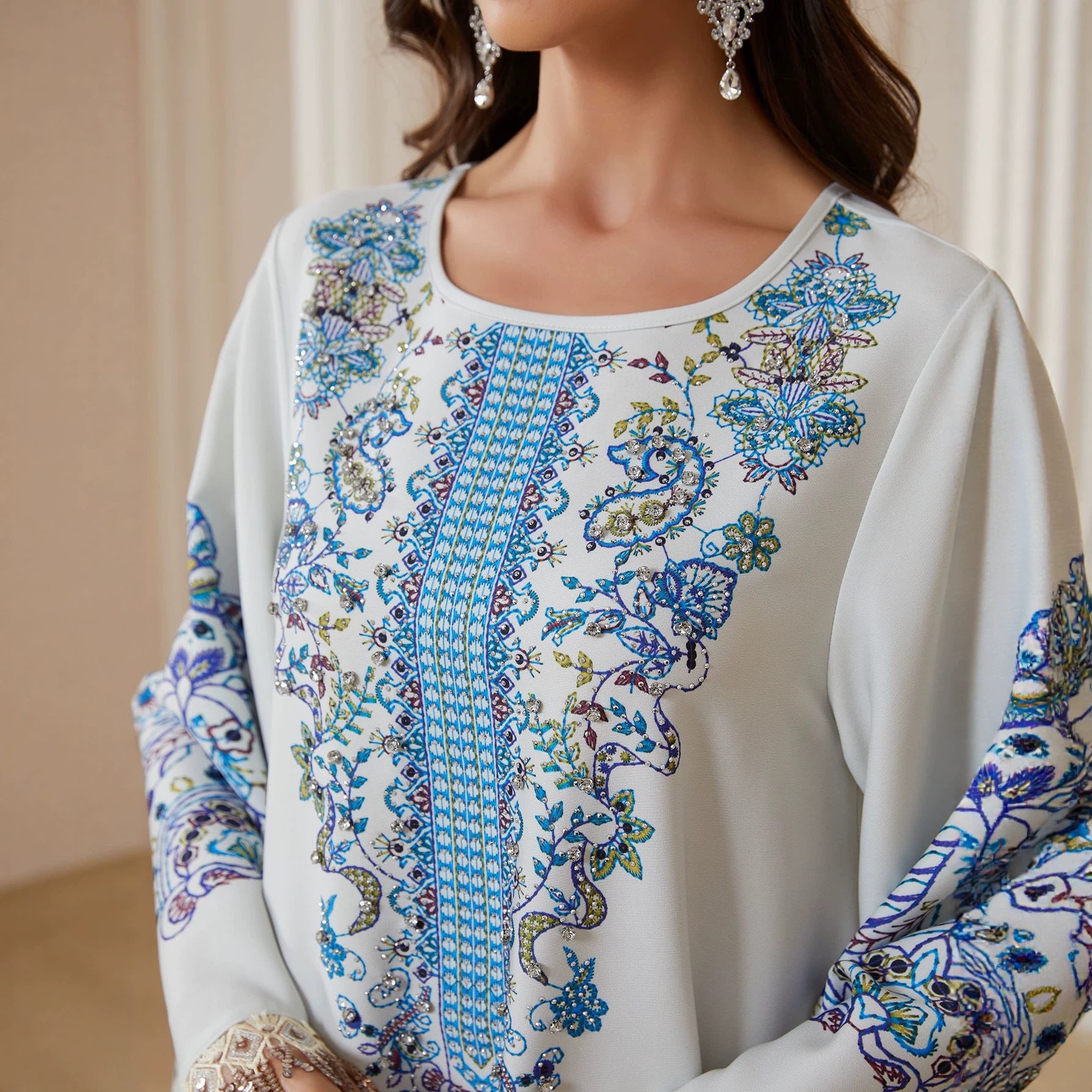 Women Stand Collar V Notch All-Around Floral Print Abaya Gold Sequin Fringe Wide Flare Sleeve Maxi Jalabiya Pastel Mint Silky Modest Gown For Eid Mubarak Ramadan Wedding Evening Party