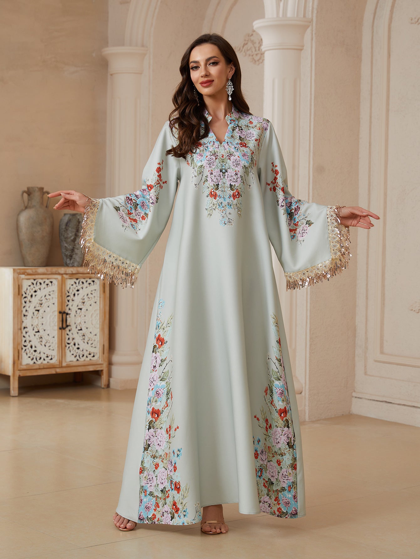 Women Stand Collar V Notch Floral Print Abaya Gold Metallic Tassel Flare Sleeve Maxi Jalabiya Pastel Satin Loose Modest Gown For Eid Mubarak Ramadan Wedding Party