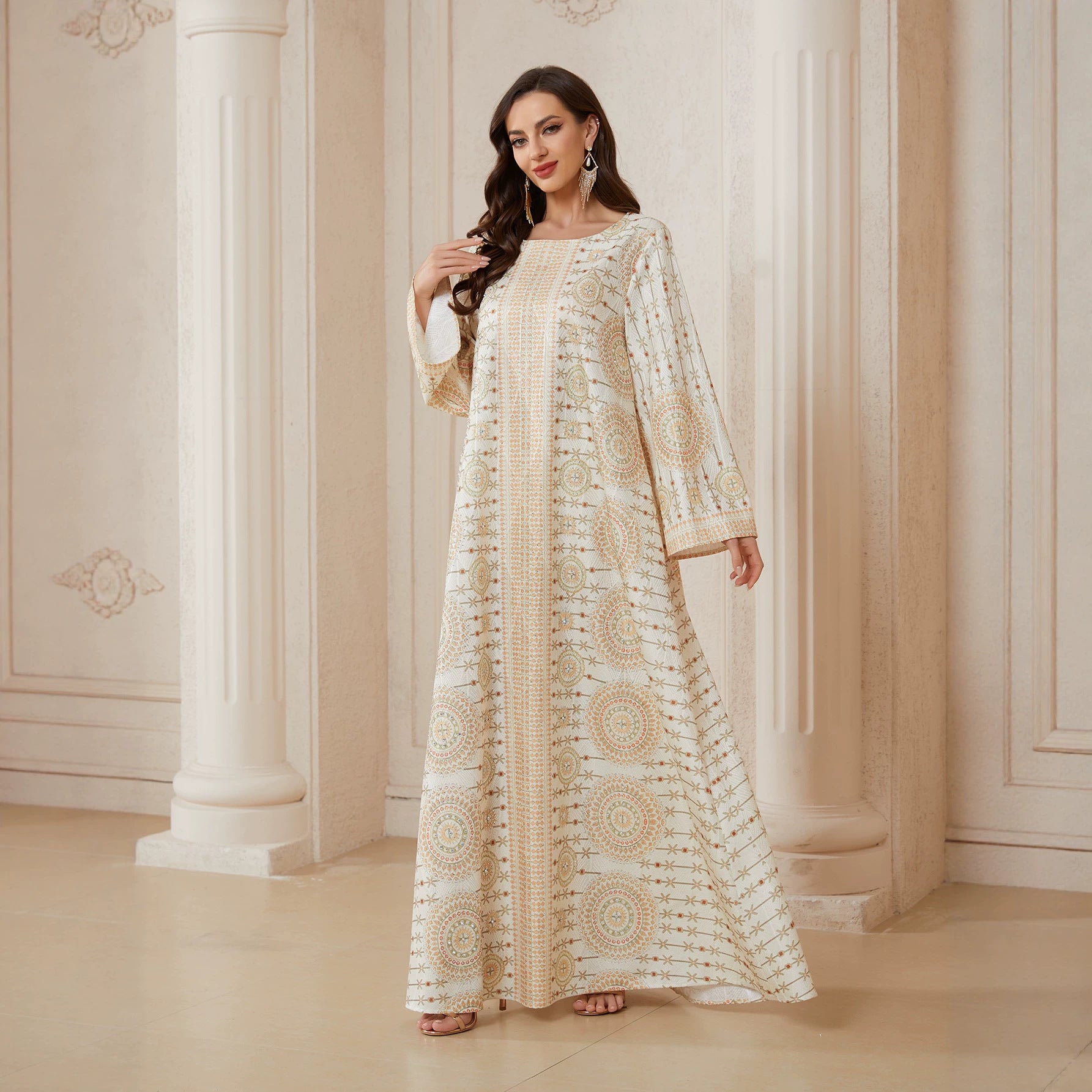 Ivory Nida Fabric Gulf Mandala Geometric Circle Print Round Neck Flowy Wide Sleeve Modest Women Maxi Jalabiya Thobe Full Length Islamic Dress For Ramadan Daily Gulf Wedding Guest Outfit