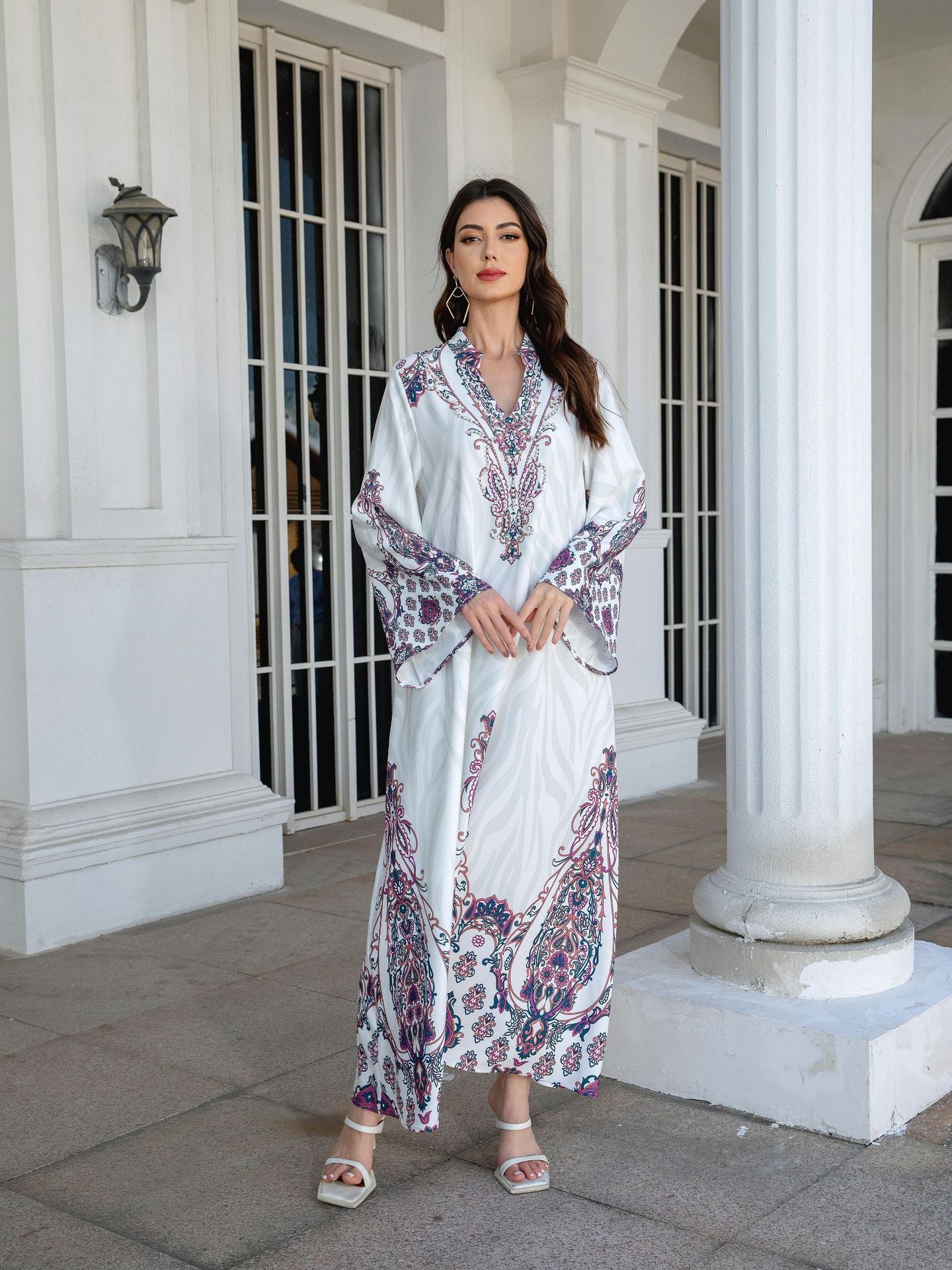 White Floral Print Mandarin Collar Rhinestone Plus Size Maxi Abaya