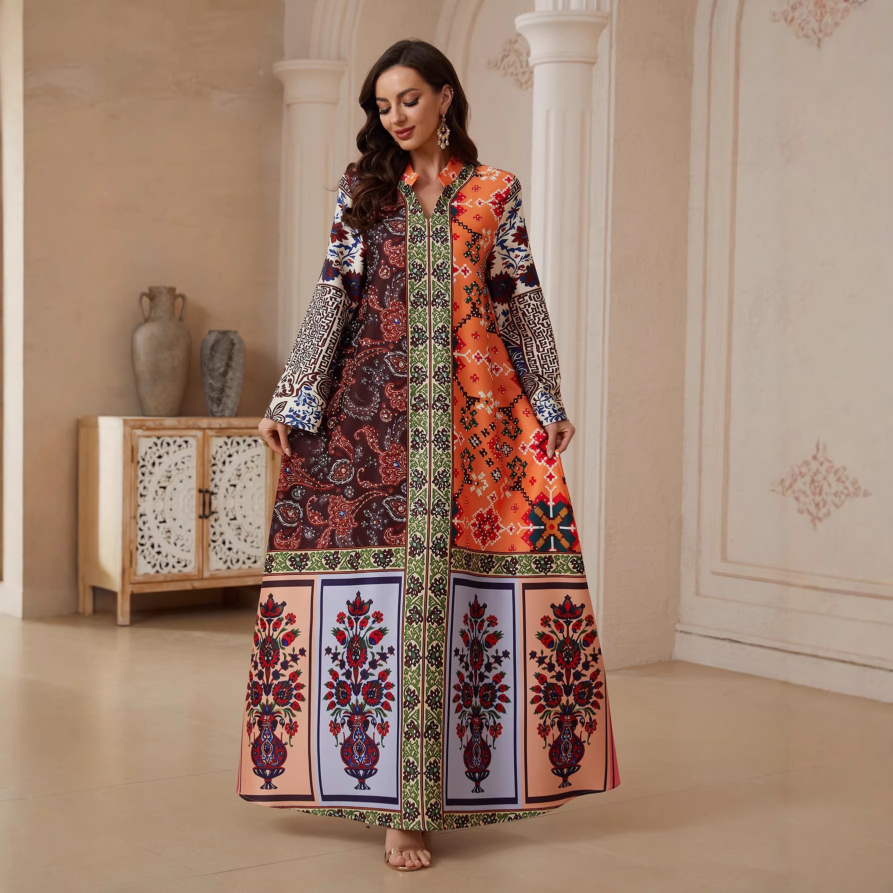 Floral Print Pullover Abaya Robe - Modest Muslim Dress for Women