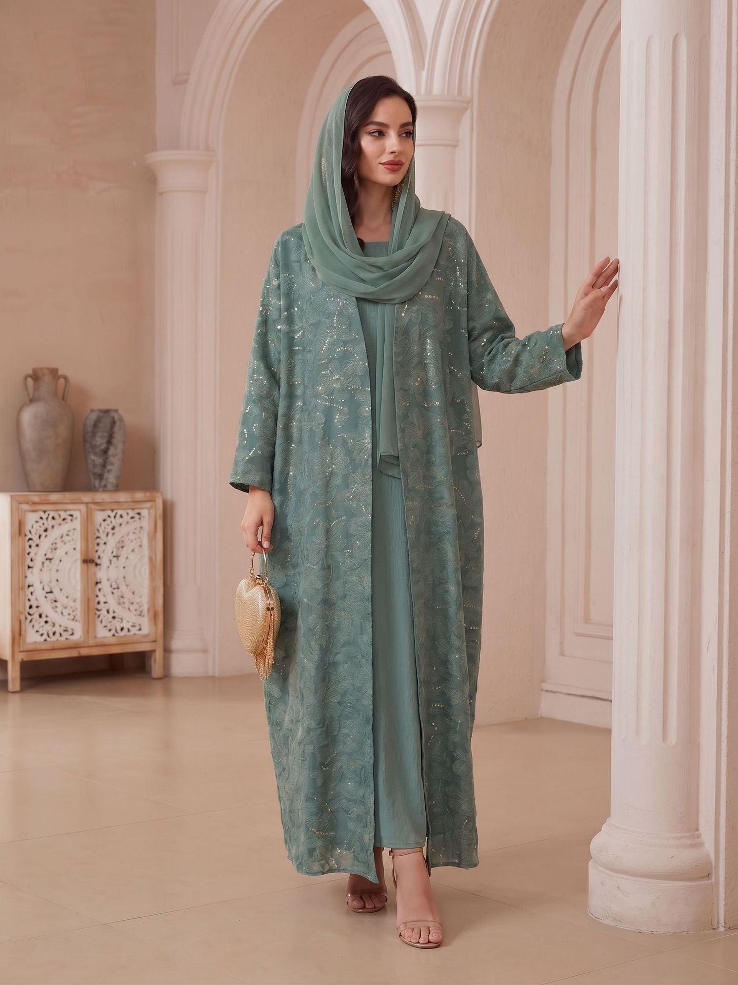 Black Peacock Green Open Outerwear with Hijab Set