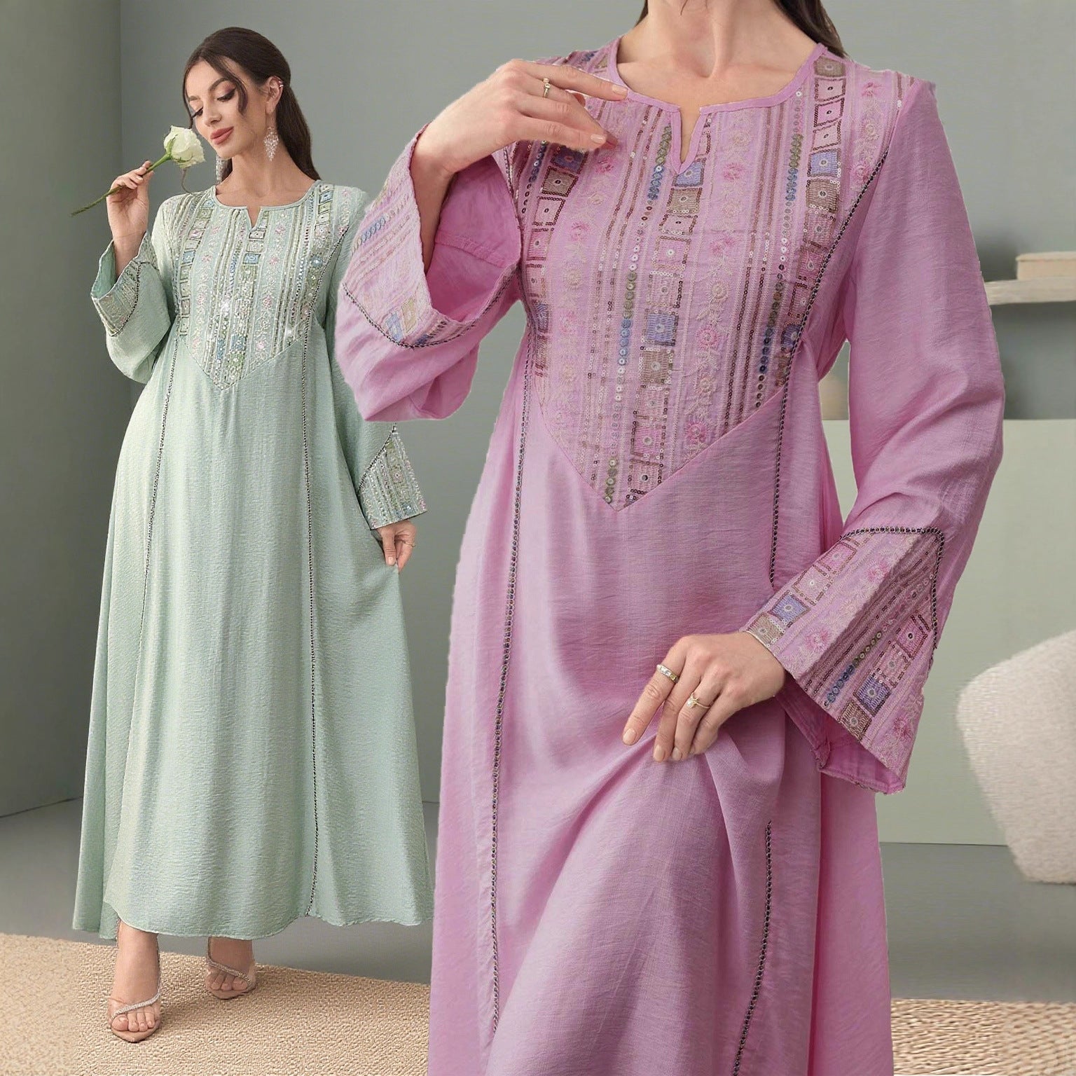 Sequin Embroidered Long Dress with Cover-Up Jalabiya Modest Long Maxi Dress for Muslim Women Ramadan Prayer Casual Wear S-XXL