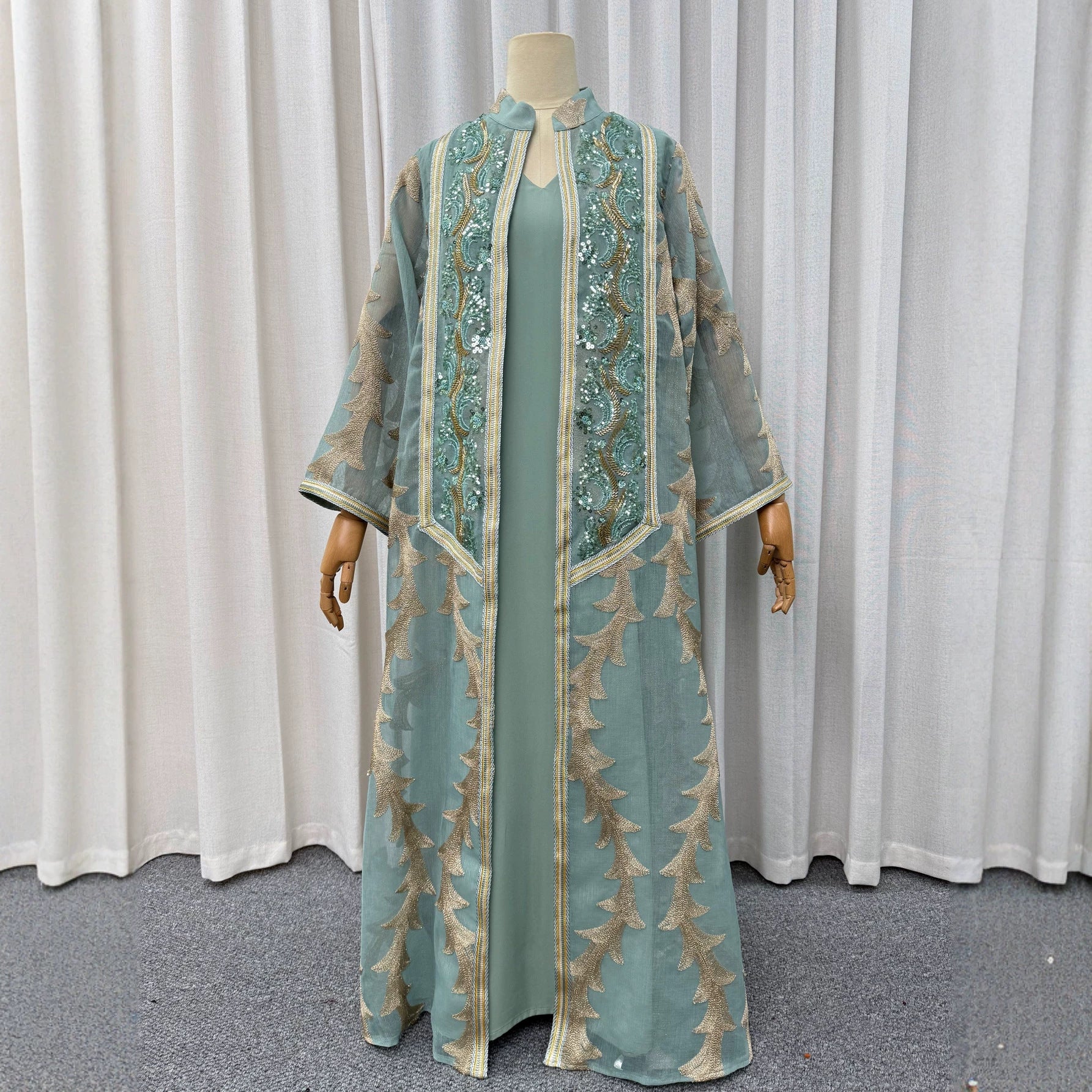 Beaded Sequin Embroidered Two-Piece Set Jalabiya Long Maxi Dress for Eid Ramadan Evening Party Gown S-XXL