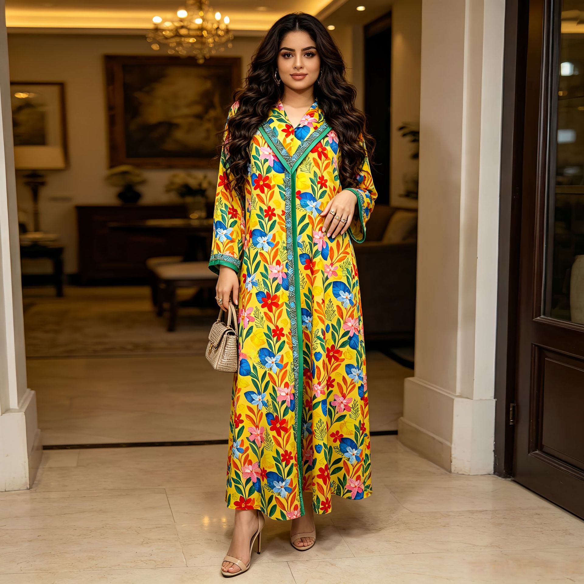 Green and Blue Floral Print Rhinestone Pullover Maxi Dress - Plus Size Casual