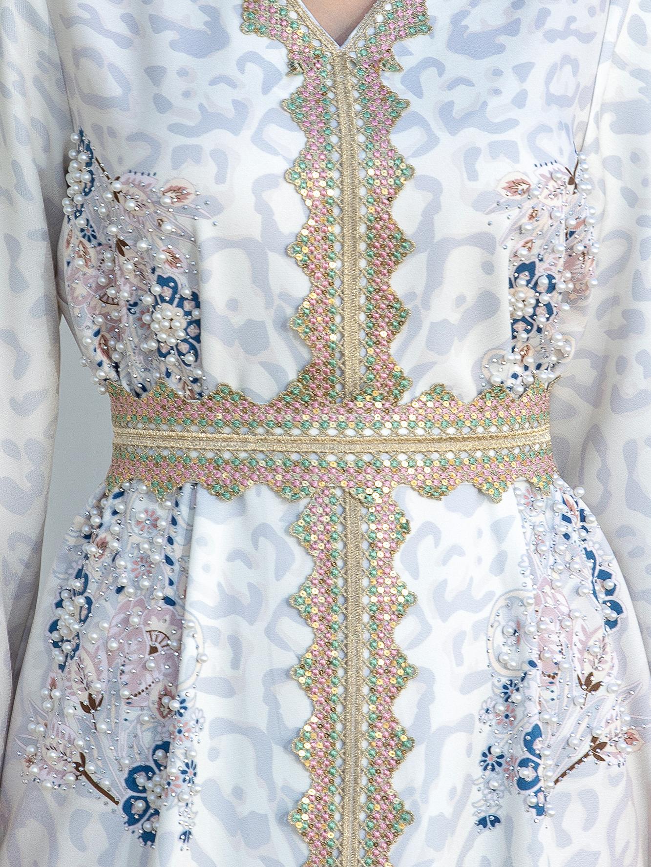 White Lace-Trim Beaded Abaya Robe - Modest Muslim Dress Women
