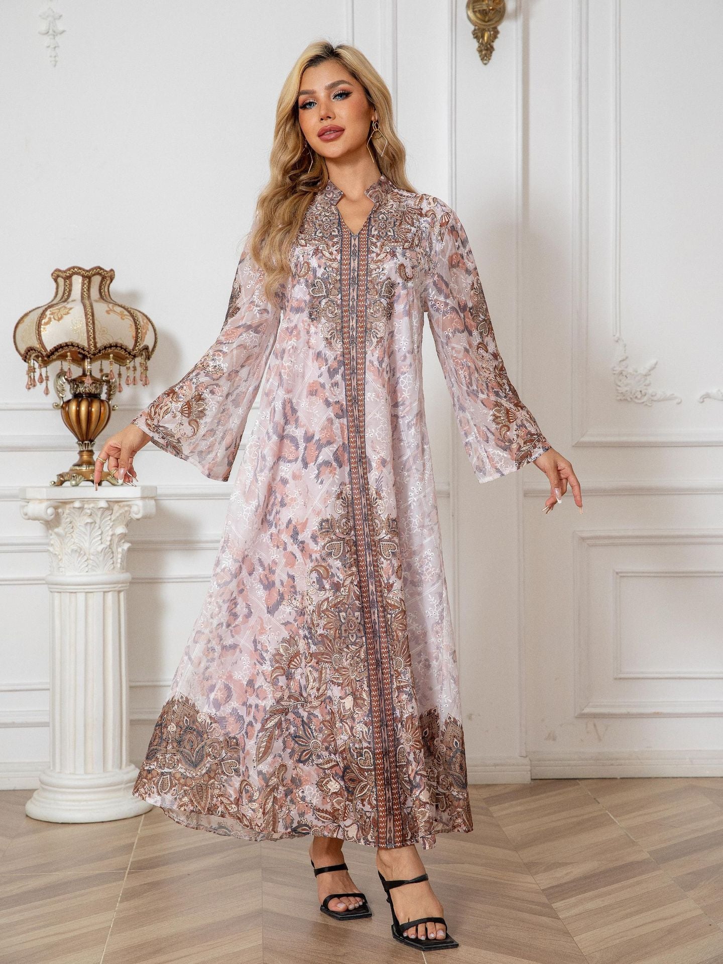 Radiant Pink Beaded Rhinestone Kaftan Abaya Maxi Dress Eid Ramadan