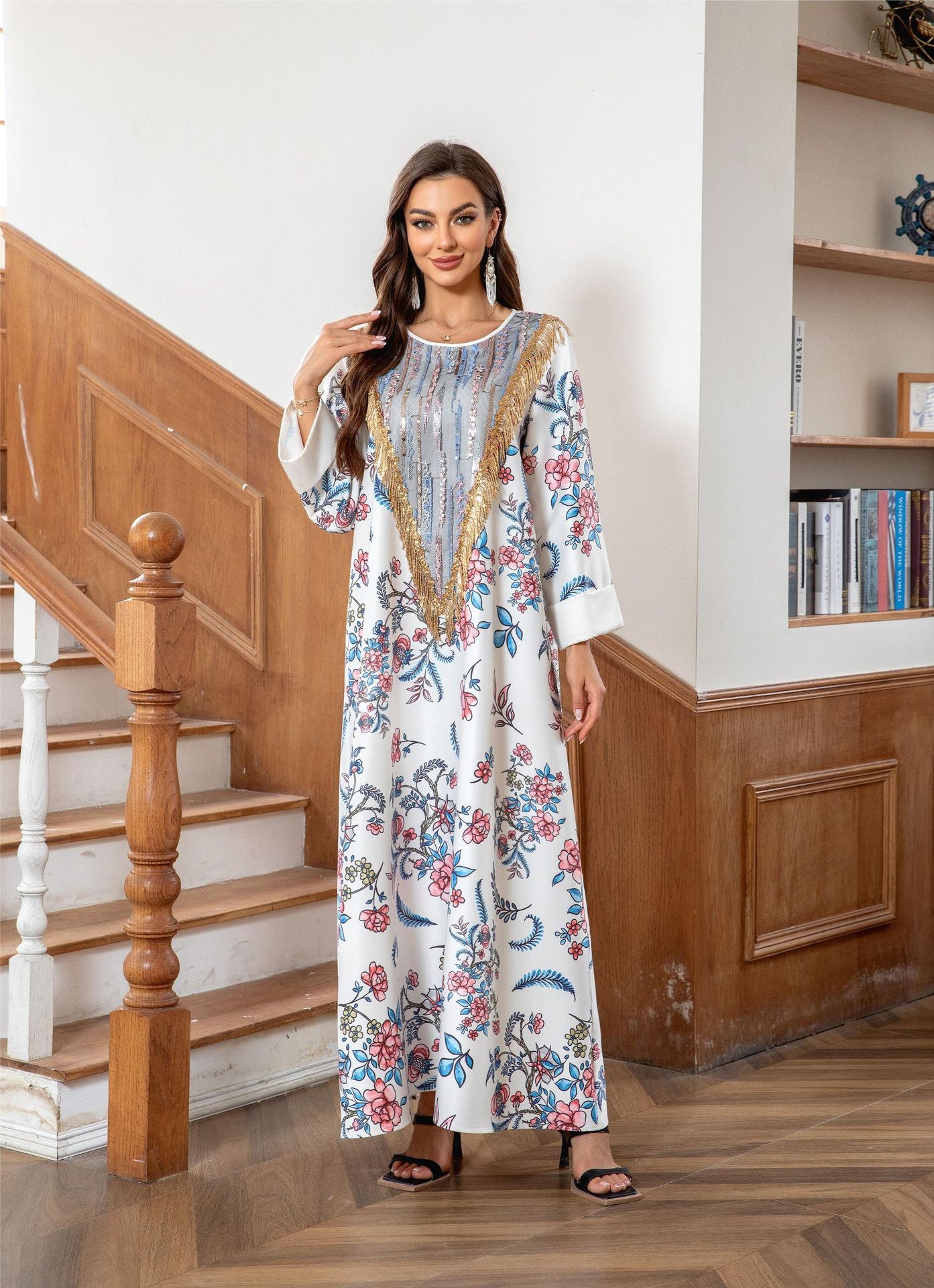 White Floral Print Elegant Abaya - Loose Fitting Modest Long Robe