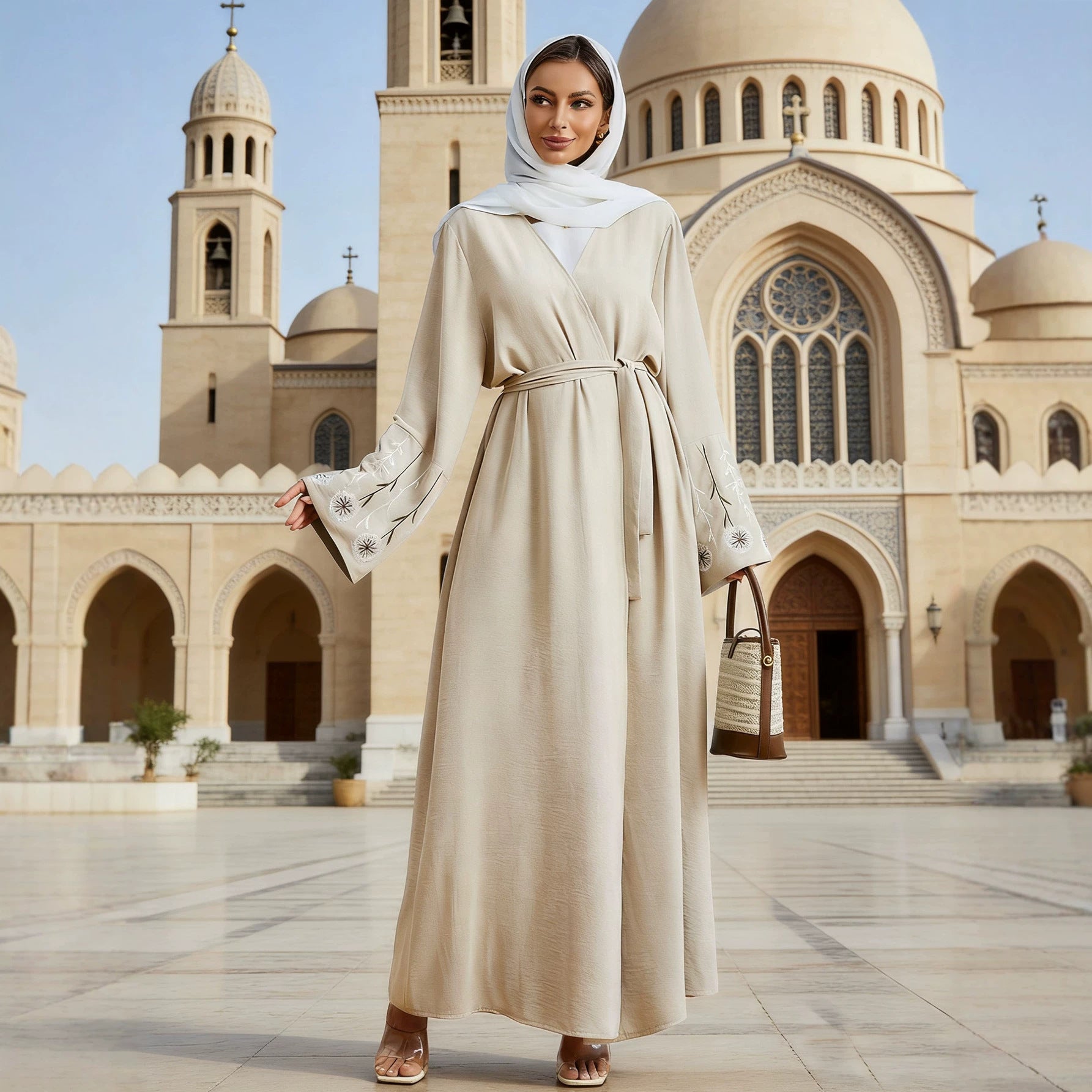 Elegant Belted Embroidered Open Cardigan Modest Maxi Dress with Hijab Muslim Women Abaya Jalabiya Kaftan Set for Ramadan