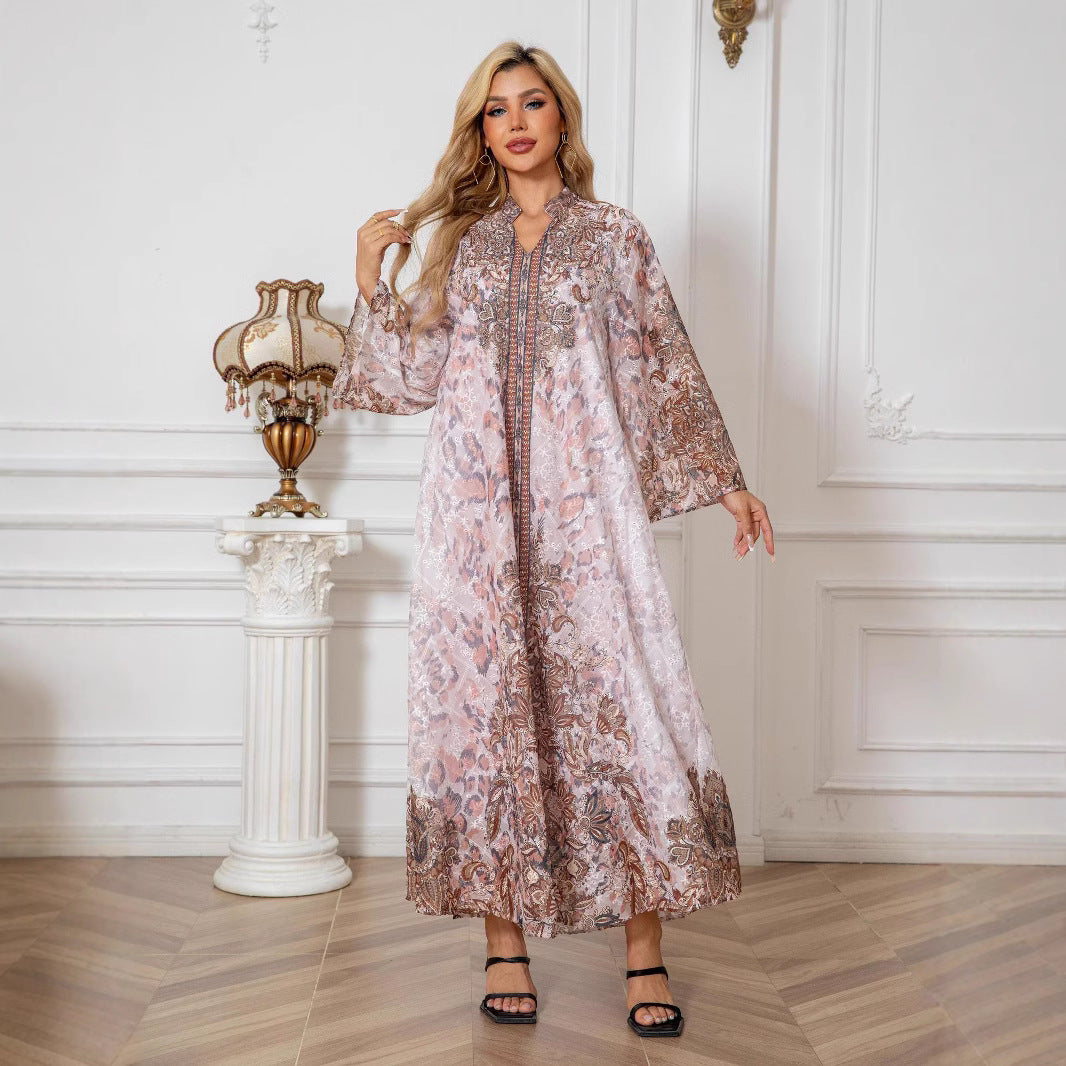 Radiant Pink Beaded Rhinestone Kaftan Abaya Maxi Dress Eid Ramadan