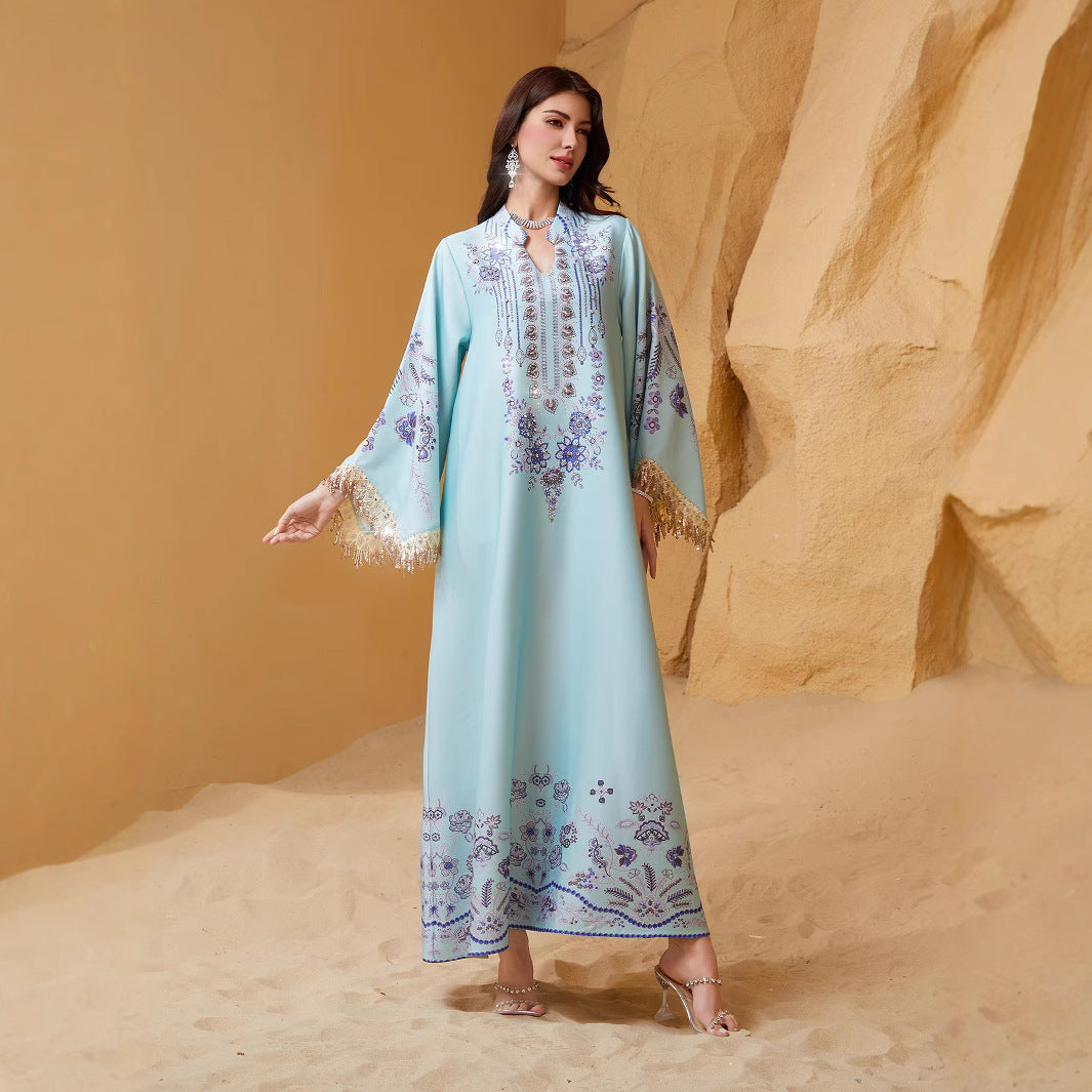 Serene Sky Blue Tassel Embroidered Maxi Abaya Modest Eid Ramadan