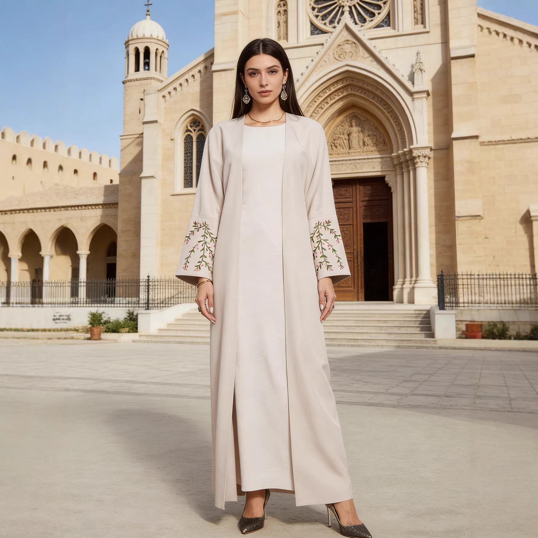 Light Blue and Beige Embroidered Open Cardigan Maxi Abaya Dress Jalabiya Modest Long Dress for Muslim Women Eid Ramadan Daily Wear S-XXL