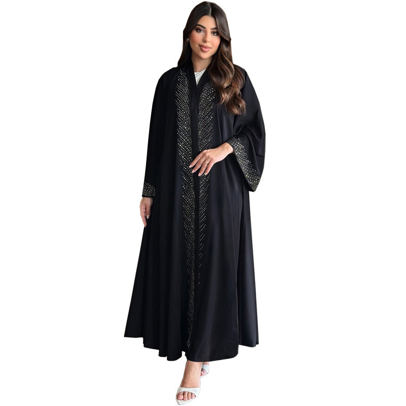 Black Rhinestone Embellished Pullover Long Maxi Abaya Dress - Modest Open Front