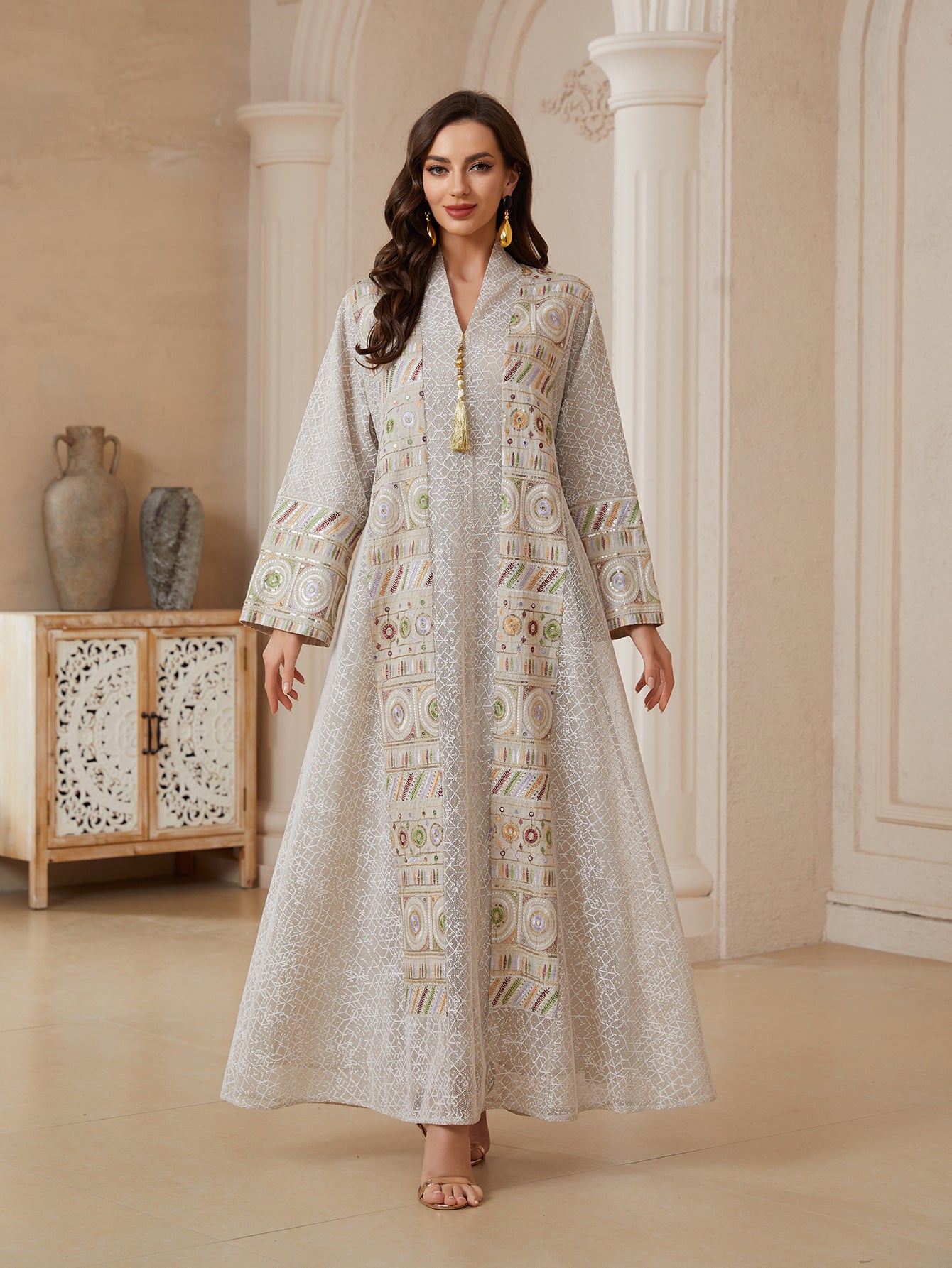 Premium Hand Stitched Embroidery Abaya Women Light Silver Hollow Grid Mesh V Neck Loose Wide Sleeve Tassel Tie Decor Floor Length Modest Outfit For Middle East Wedding & Eid Celebration