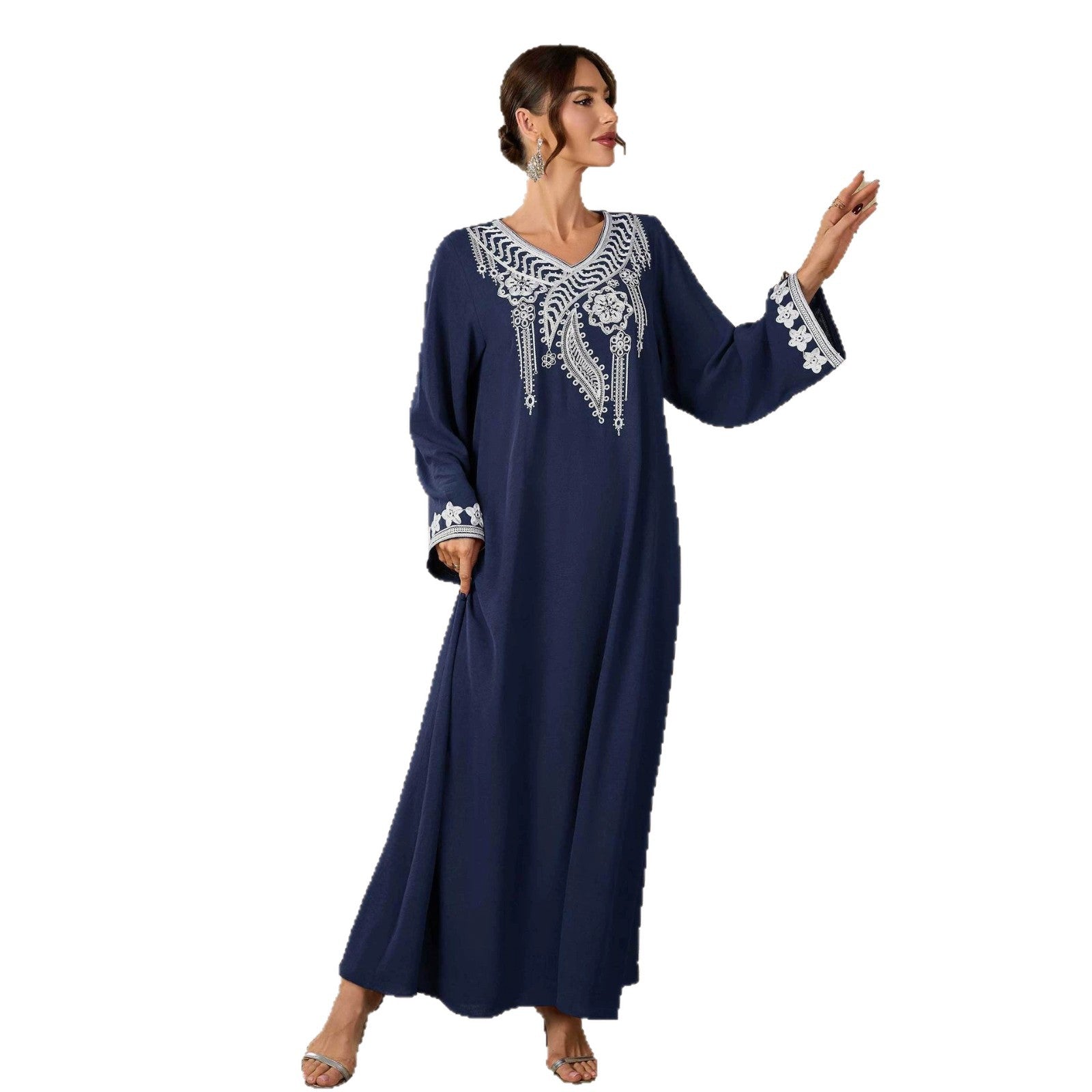 V-Neck Embroidered Kimono Abaya Maxi Dress Muslim Women Modest Long Jalabiya Kaftan Gown for Eid Ramadan Daily