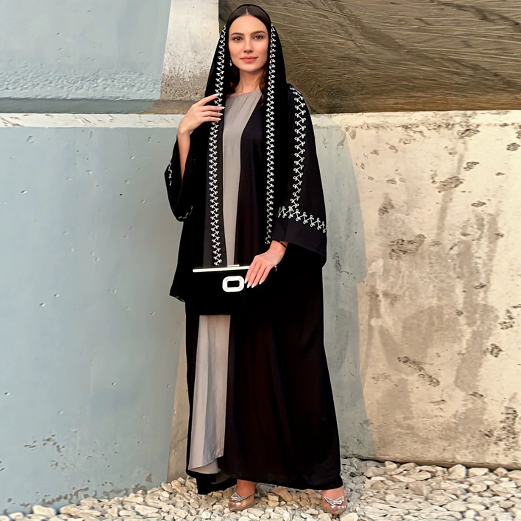 Embroidered Open-Front Cardigan with Hijab Set Jalabiya Abaya Long Maxi Dress for Muslim Women Eid Ramadan Banquet Gown S-XXL