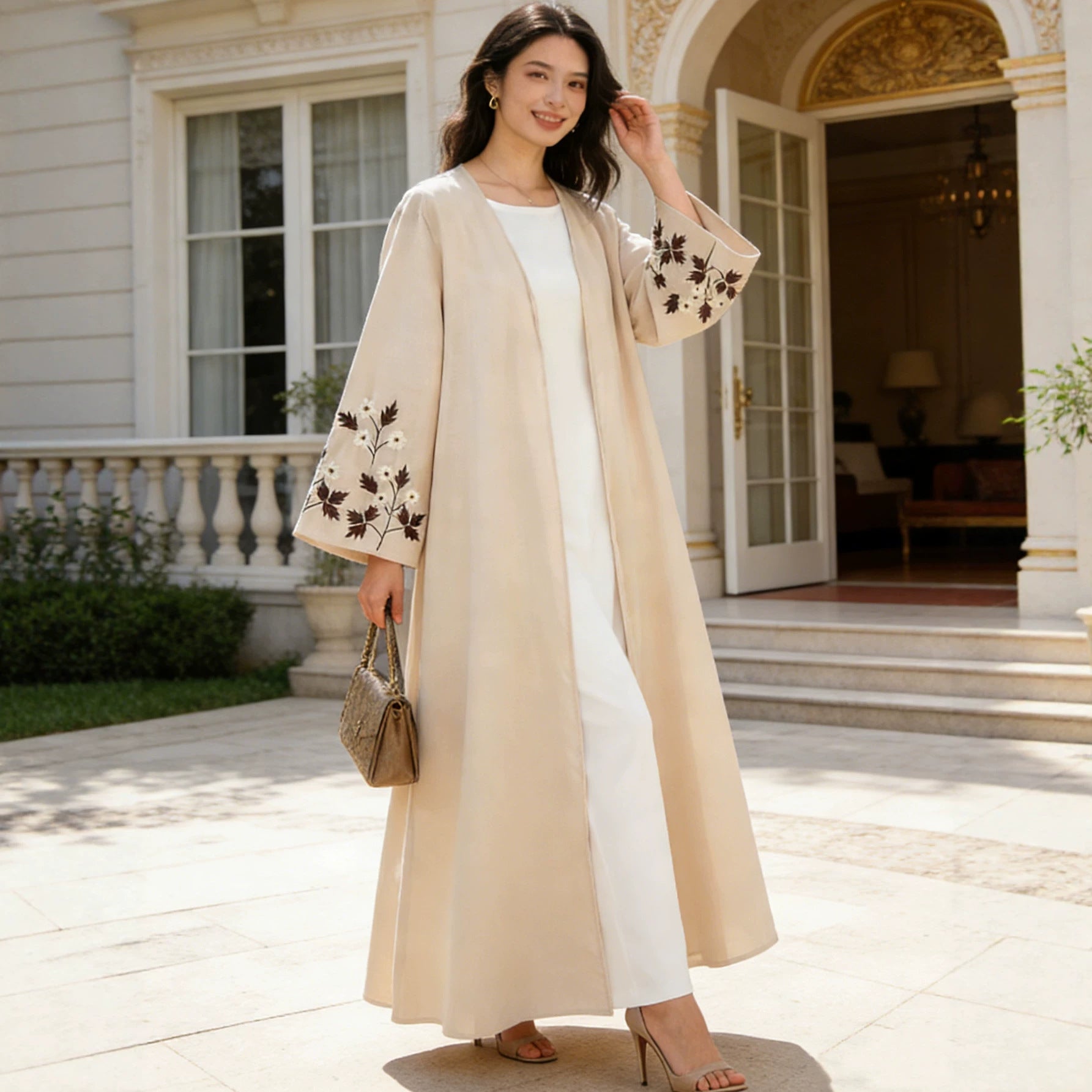 Beige Maple Leaf Embroidered Linen Cardigan Open Front One Size Abaya Modest Long Maxi Dress for Muslim Women Eid Ramadan