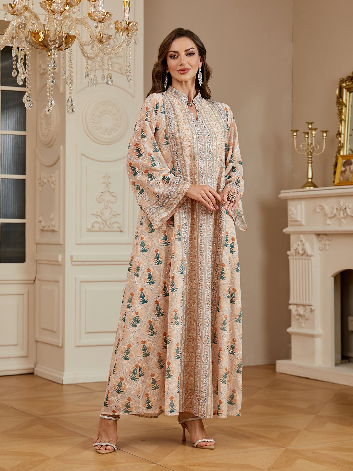 Women Stand Collar V Neck Floral Striped Abaya 3 Colors Vintage Botanical Print Loose Wide Sleeve Maxi Kaftan Lightweight Daily Modest Dress For Ramadan Casual Party