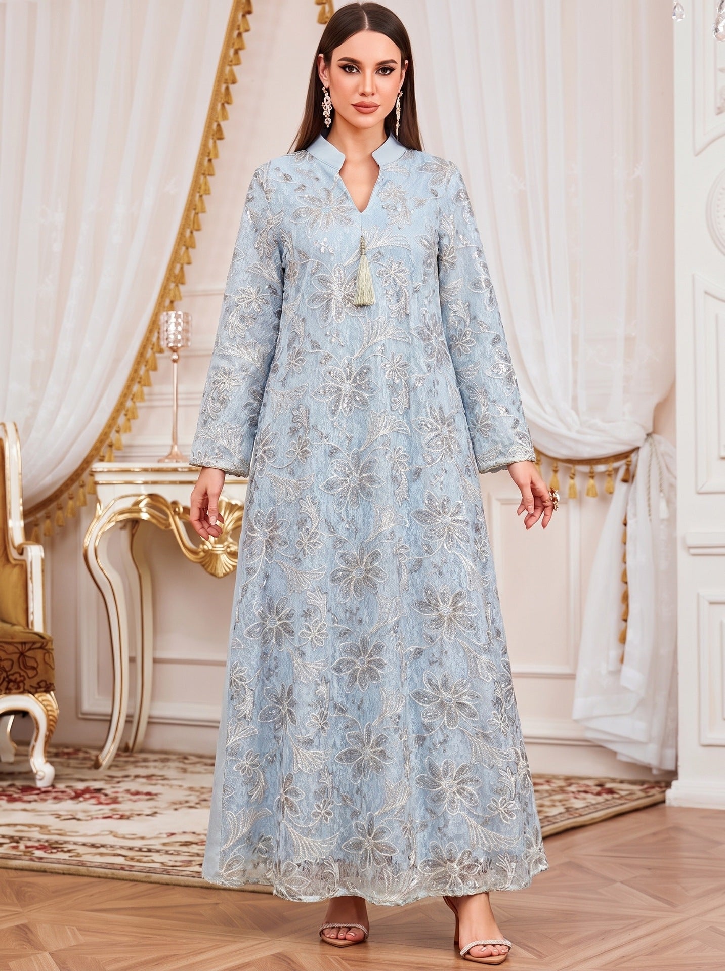 Apricot Pink Light Blue V-Neck Heavy Beaded Embroidered Abaya Maxi Dress
