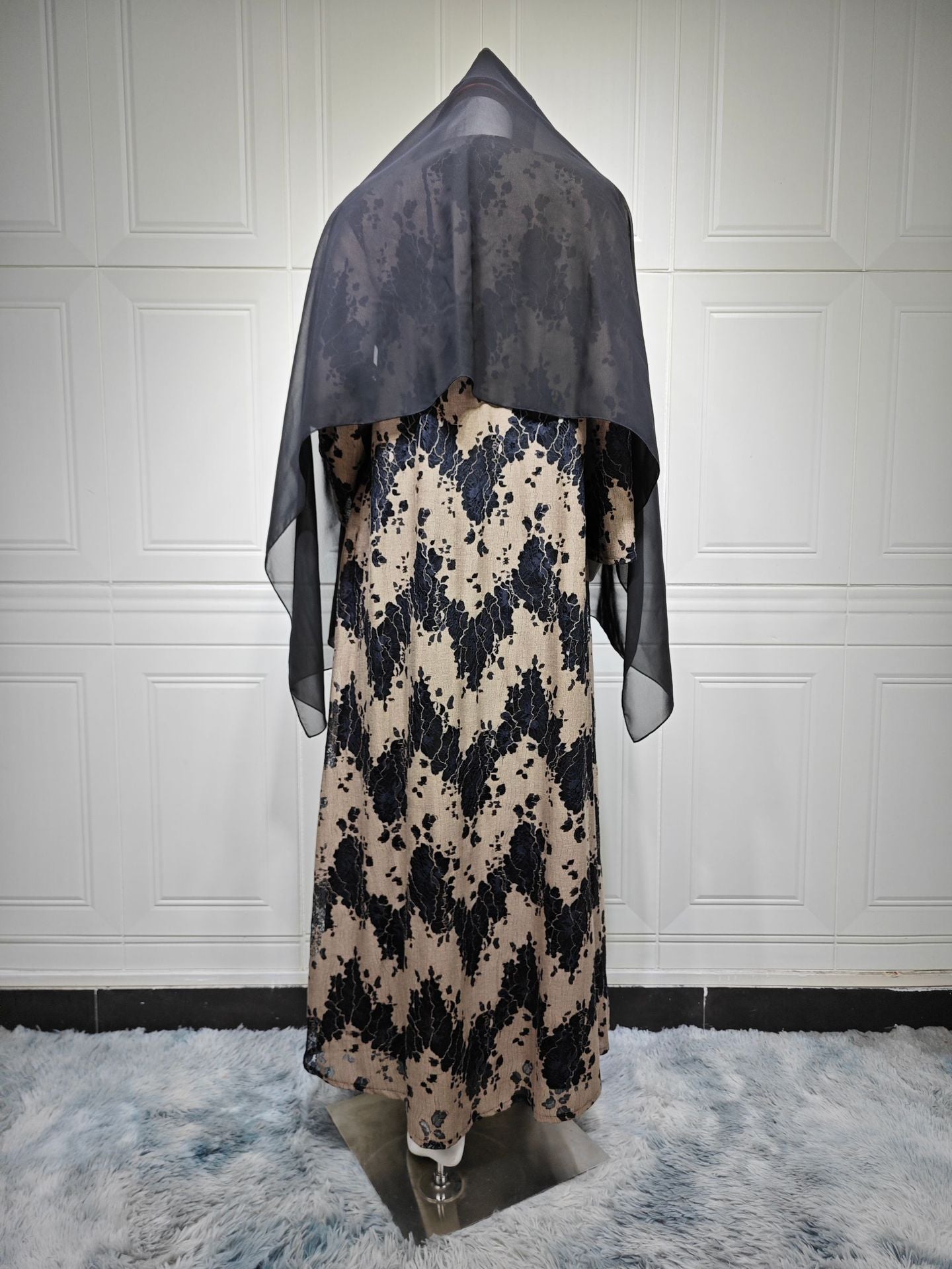 Black Lace Embellished Maxi Abaya with Hijab Two-Piece Set - Plus Size