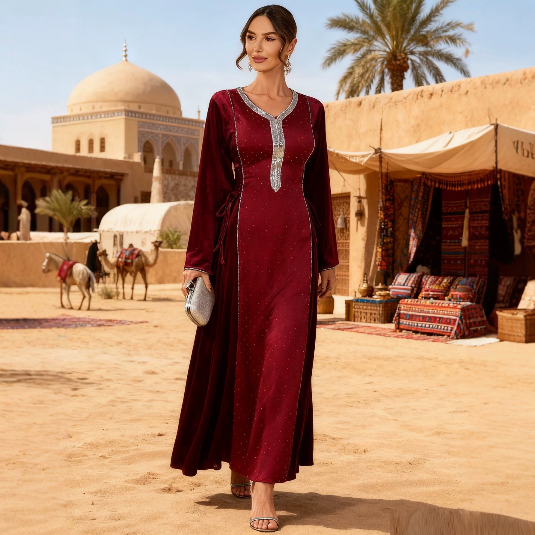 Dark Brown Wine Red and Black Rhinestone Pullover Maxi Abaya Dress Jalabiya Modest Long Dress for Eid Ramadan Evening Party Gown S-XXL