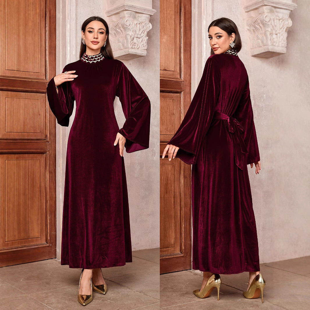Embroidered Flare Sleeve Kaftan Dress with Belt Zipper Front Modest Long Maxi Jalabiya for Muslim Women Eid Daily Wear S-XL