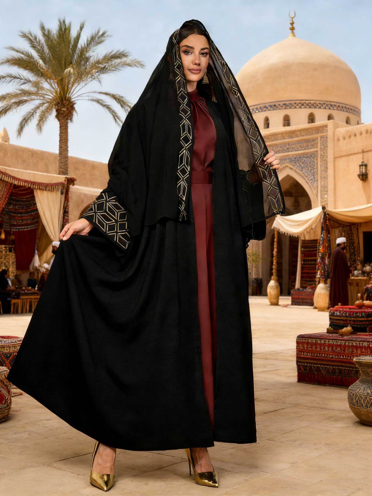Black Embroidered Open Outerwear Maxi Abaya Dress with Hijab Two-Piece Set - Free Size