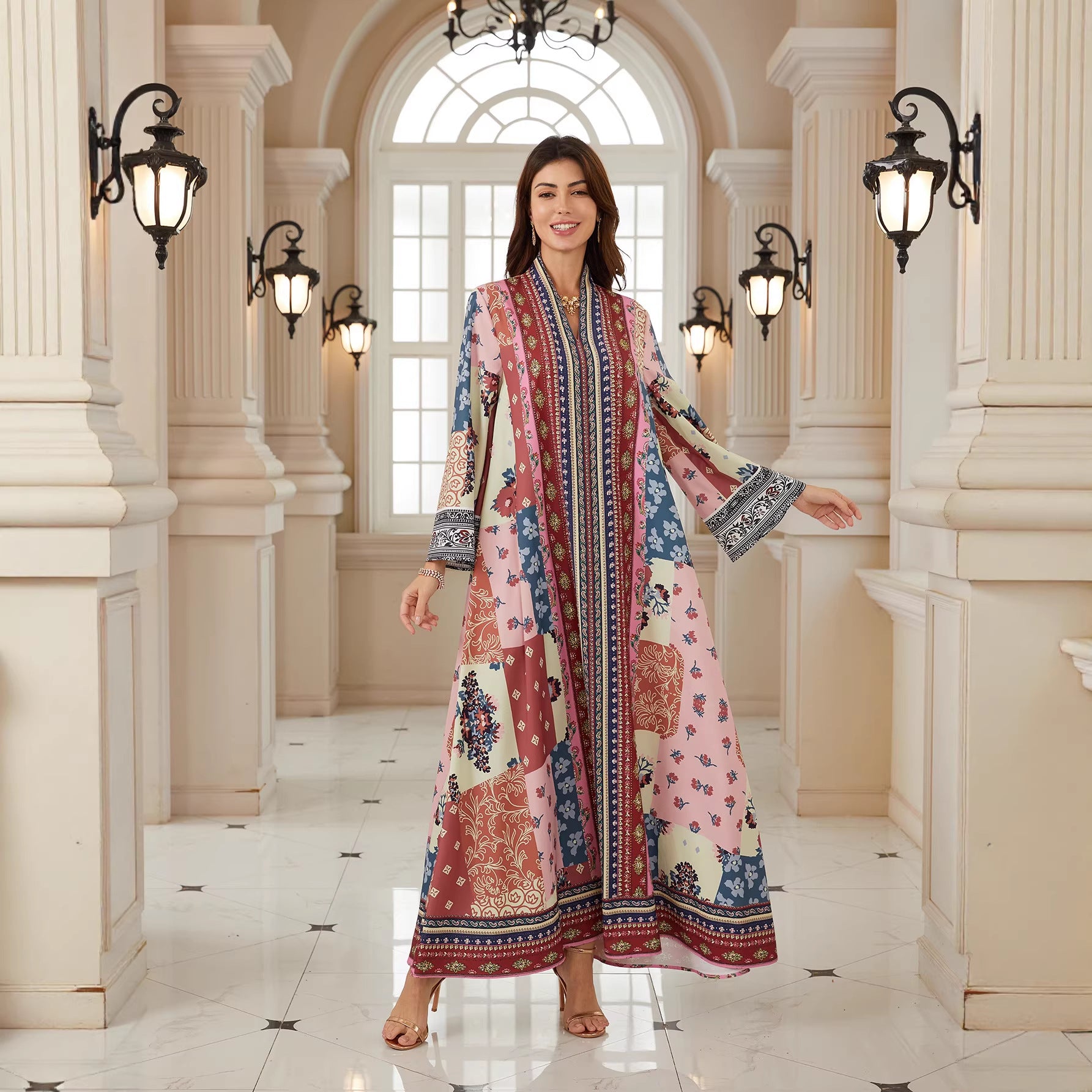 Exquisite Floral V-Neck Abaya – Ethnic Modest Maxi Dress