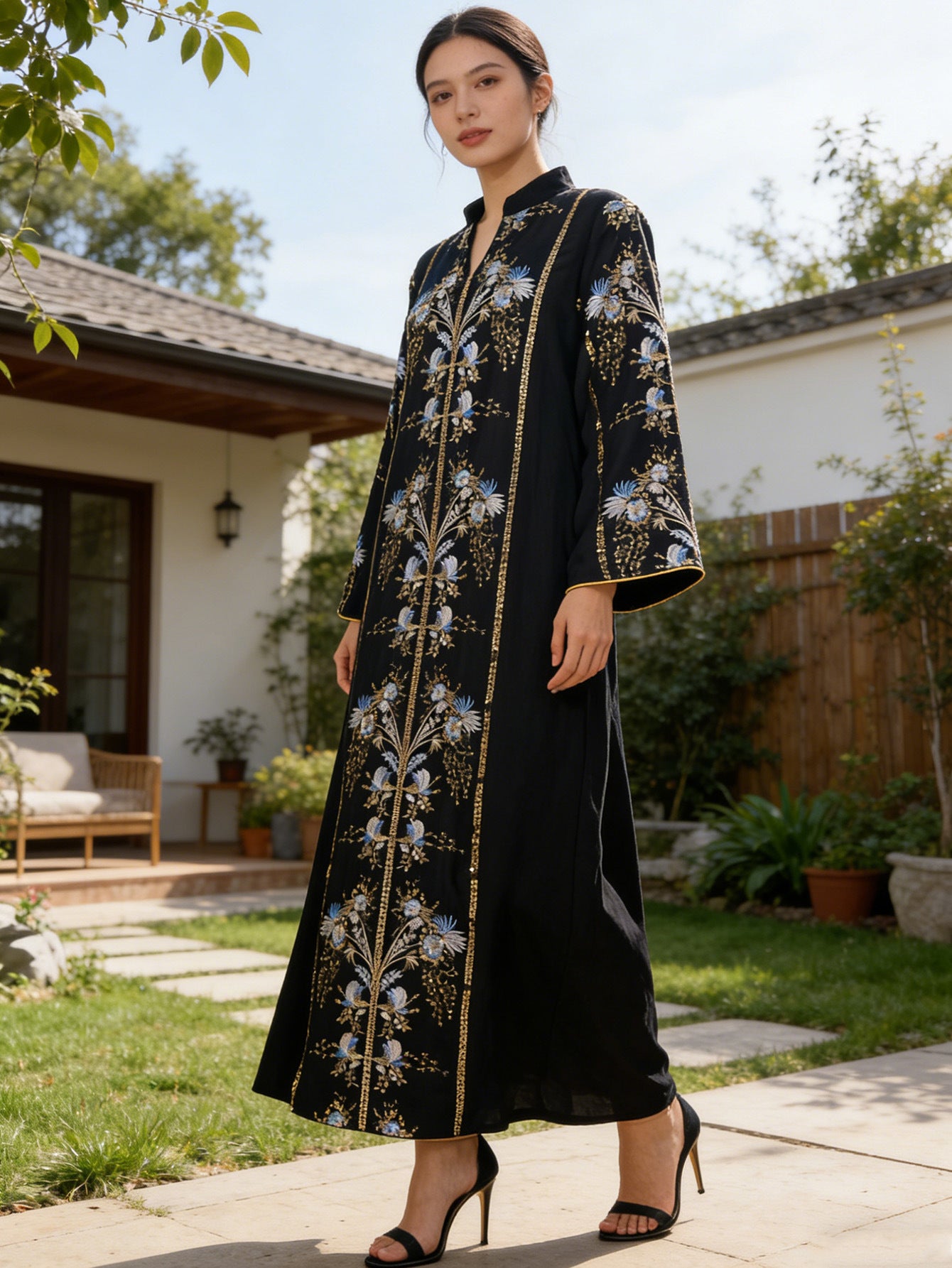 Sequin Applique Embroidered Abaya Jalabiya Modest Long Maxi Dress for Muslim Women Eid Ramadan Formal Evening Party S-XXL